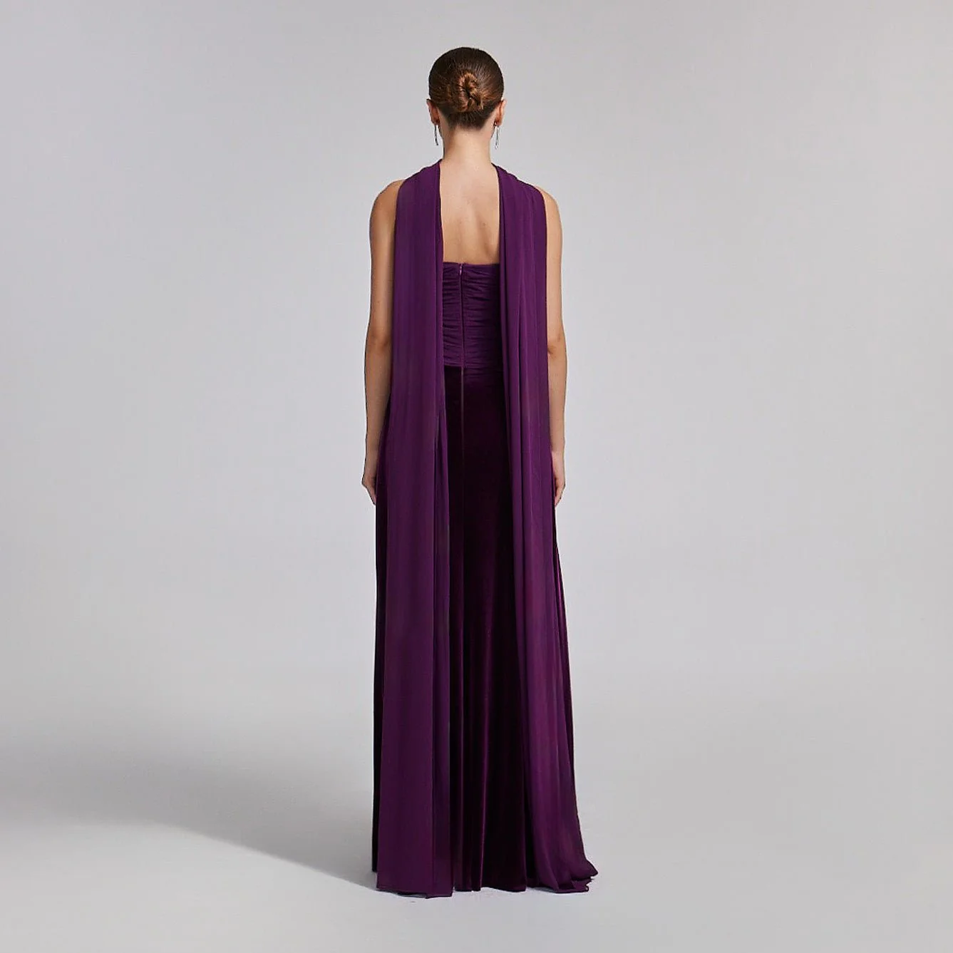 Purple Velvet-Chiffon Strapless Gown with Draped Scarf - Image 4
