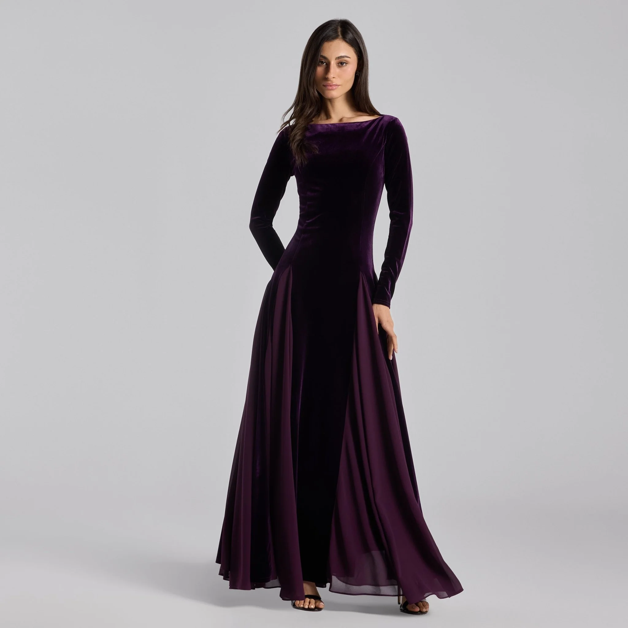Purple Velvet Maxi Dress with Chiffon Godets