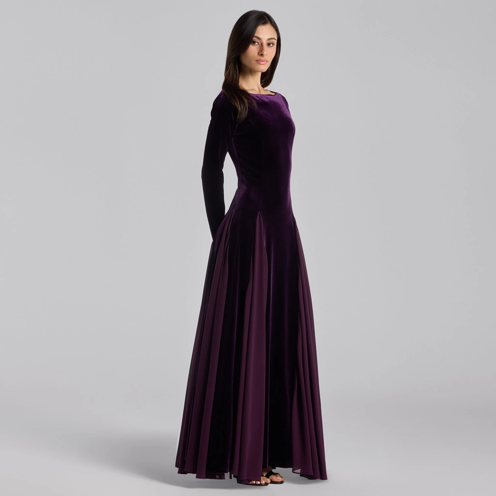 Purple Velvet Maxi Dress with Chiffon Godets - Image 2