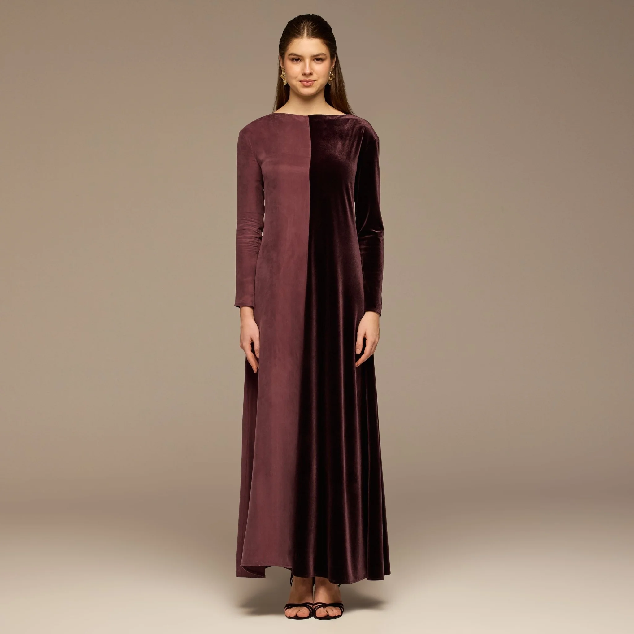 Burgundy Two Tone Velvet-Cupro Maxi Dress