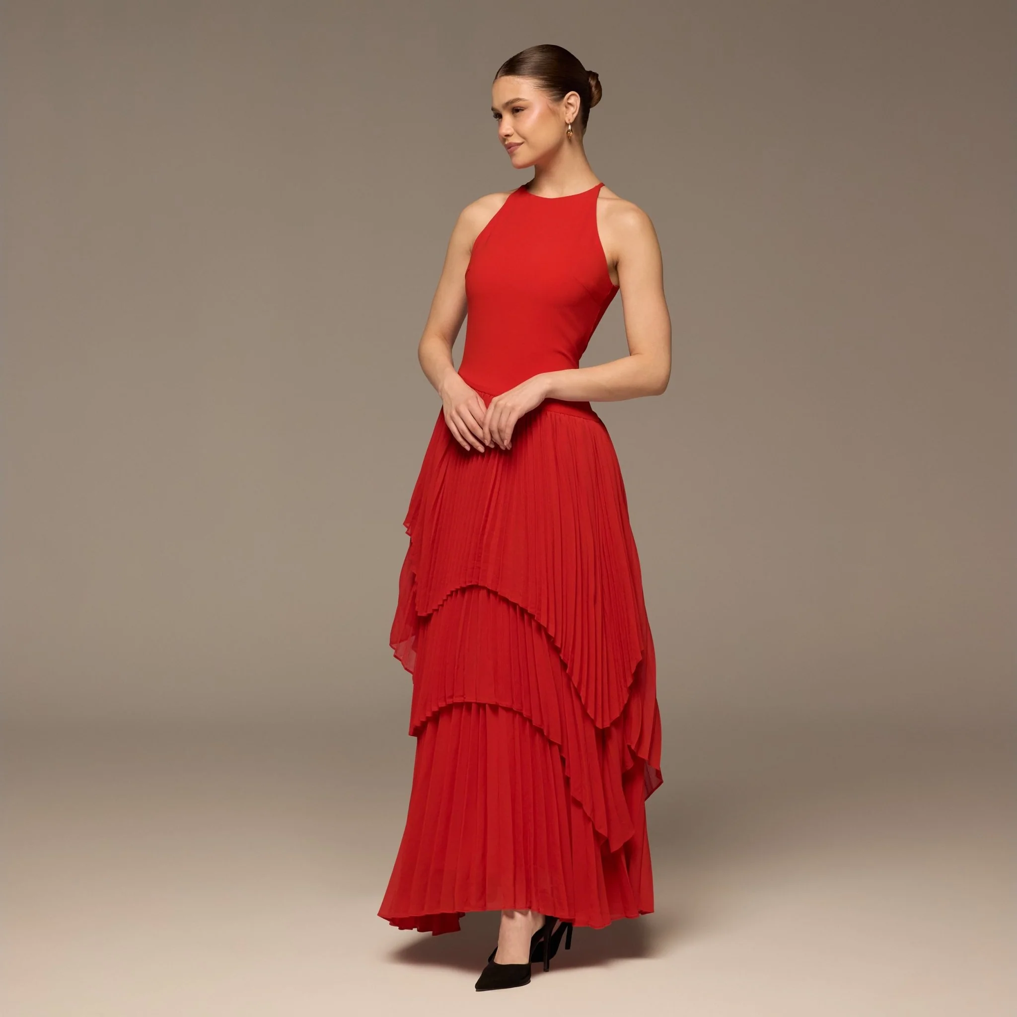 Red Crepe & Chiffon Maxi Dress with Tiered Pleated Skirt - Image 2