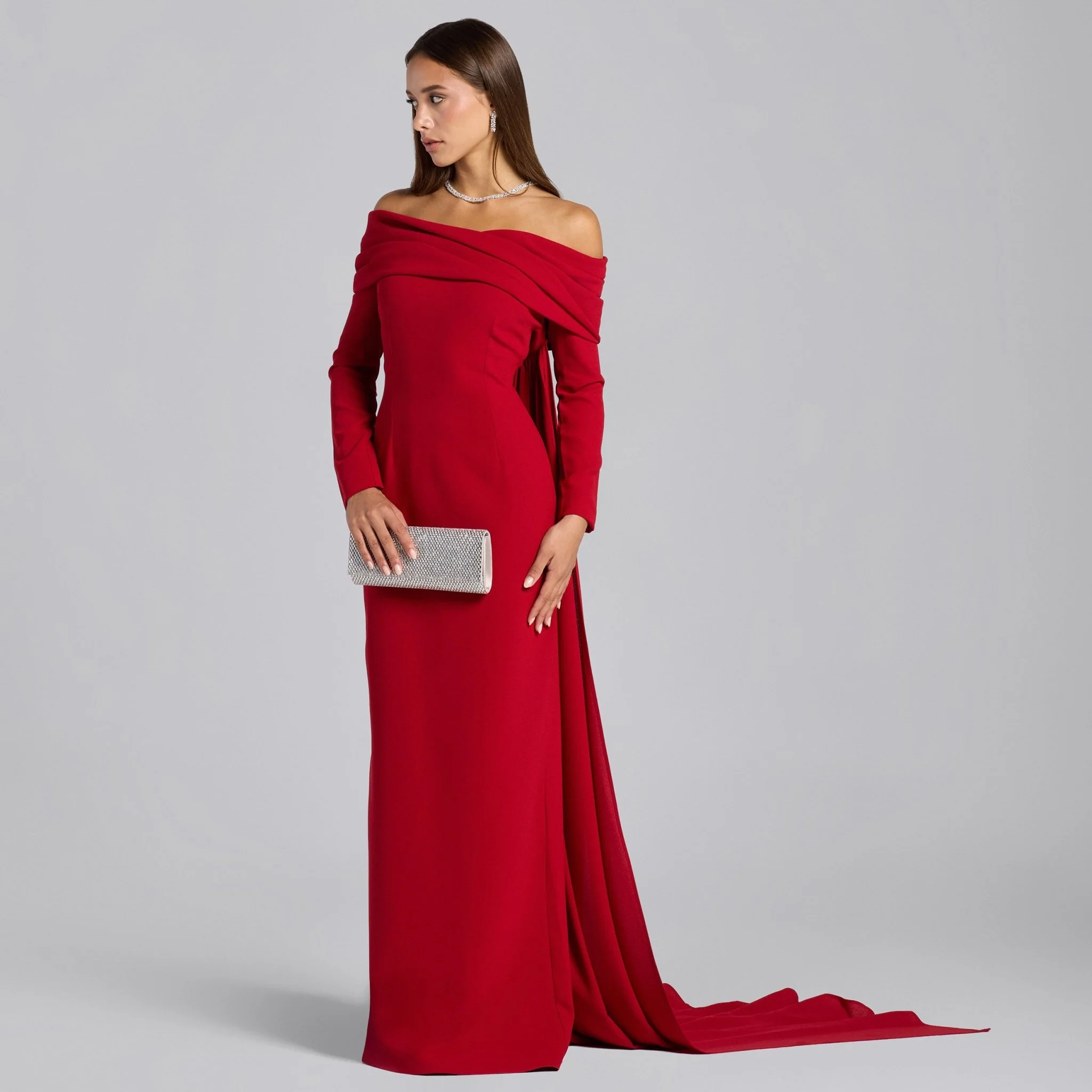 Red Crepe Draped Neck Maxi Dress