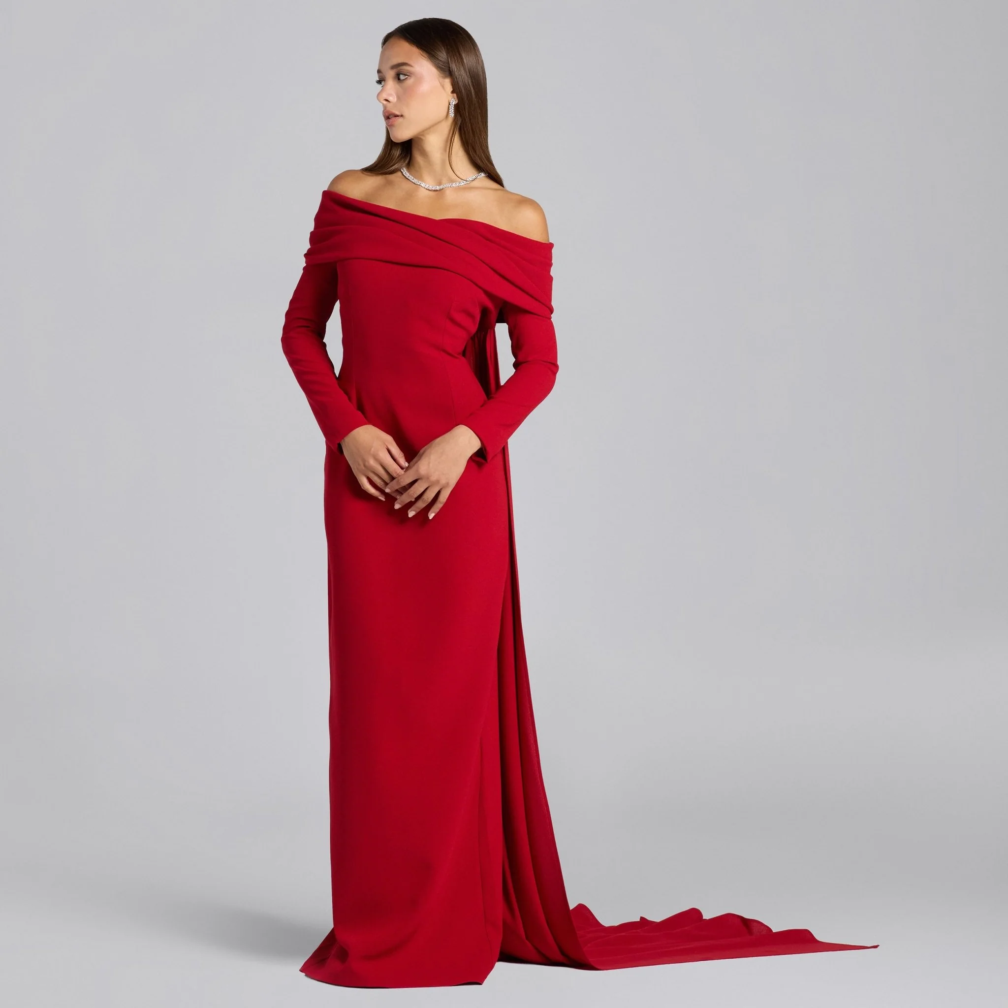Red Crepe Draped Neck Maxi Dress - Image 2