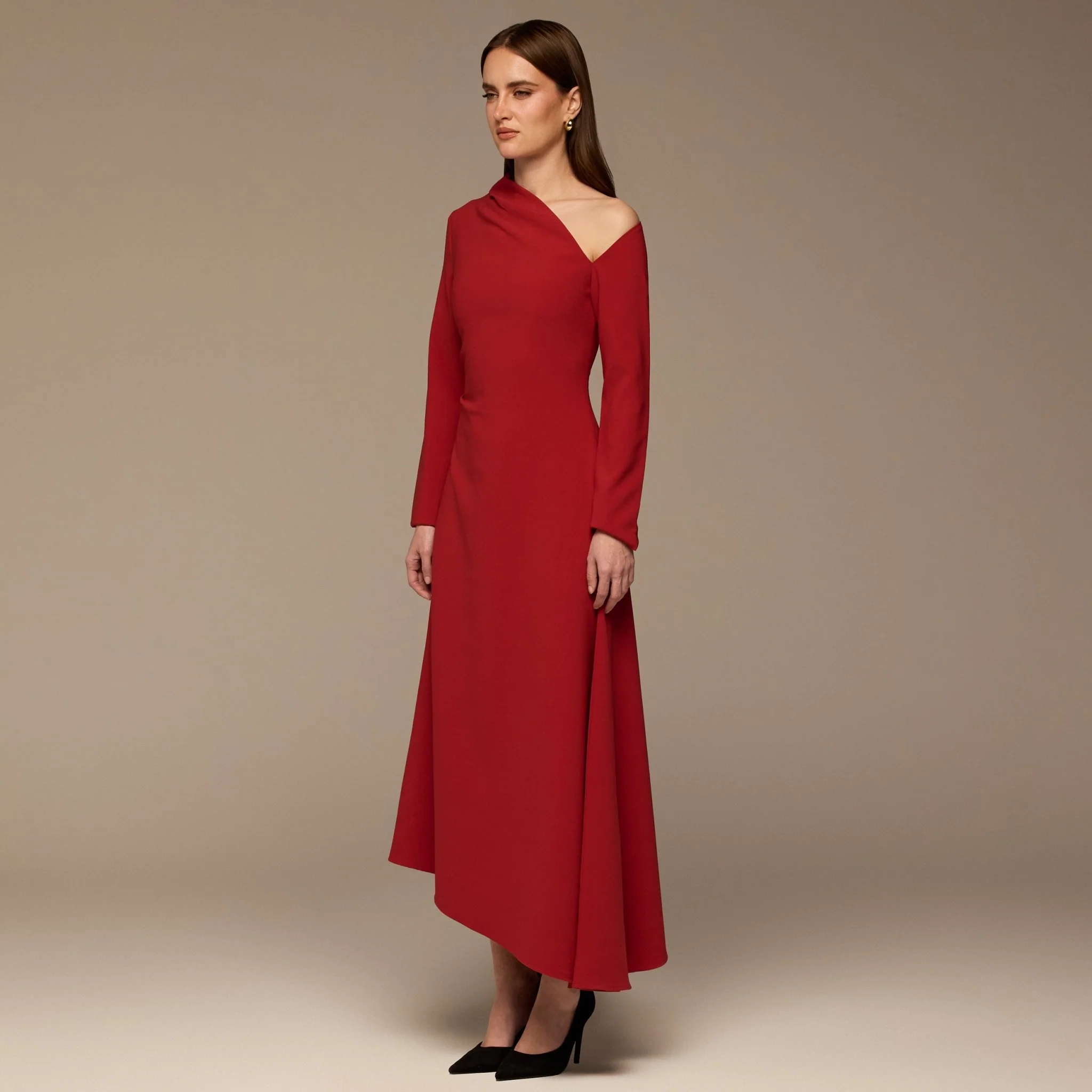 Red Asymmetric Neckline Crepe Dress - Image 2