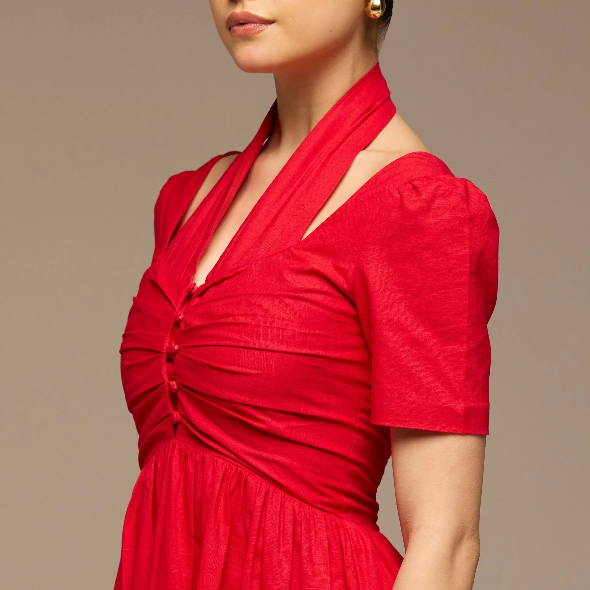 Red Cotton Poplin V-Neck Button-Front Dress - Image 3