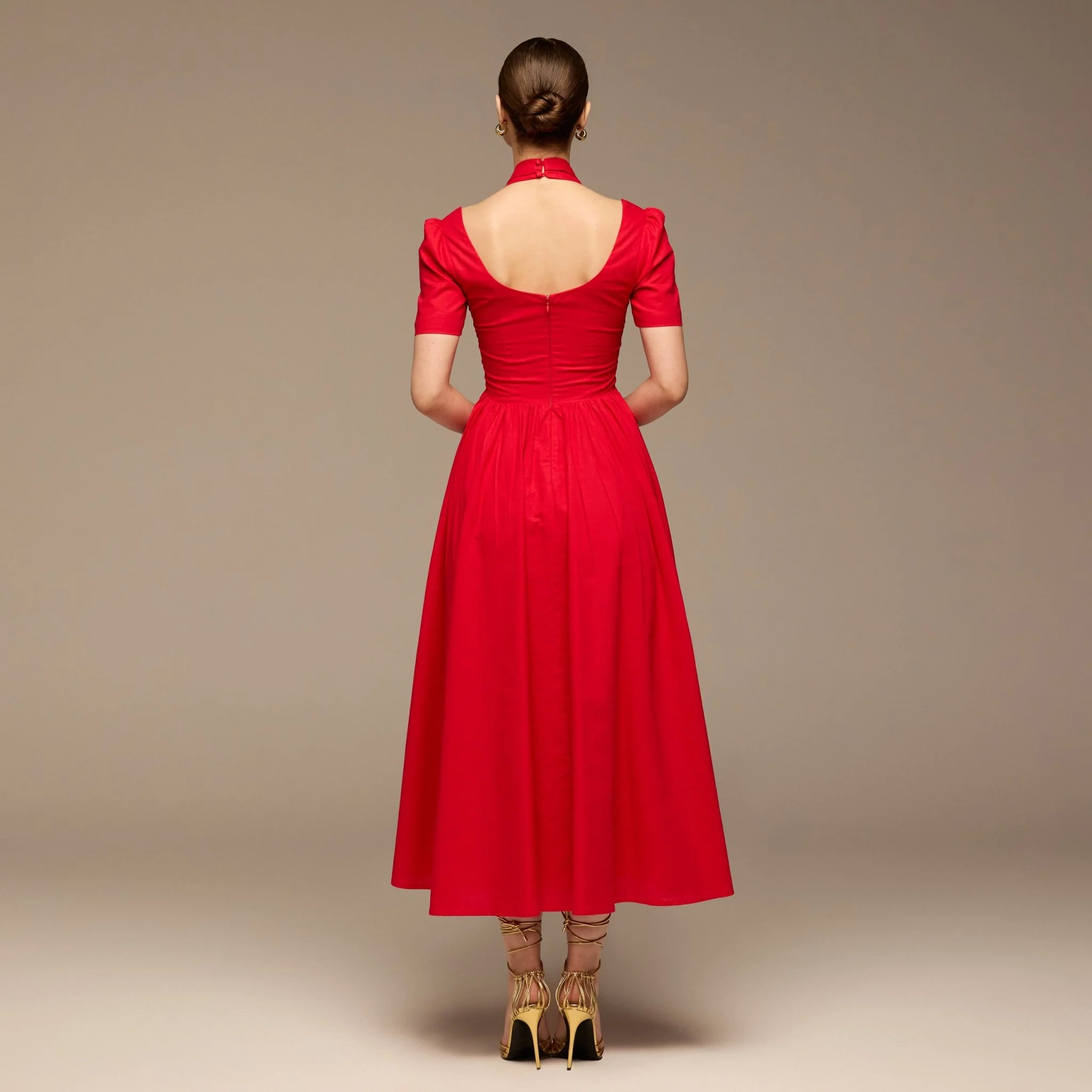 Red Cotton Poplin V-Neck Button-Front Dress - Image 4