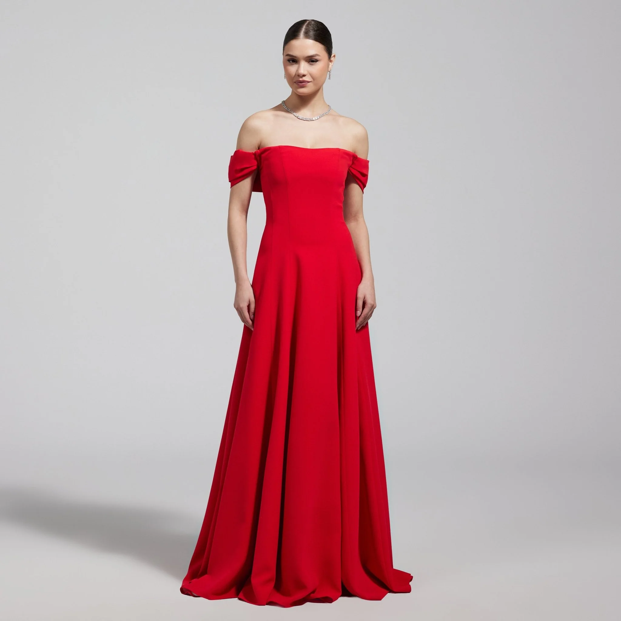 Red Off-Shoulder Crepe Gown