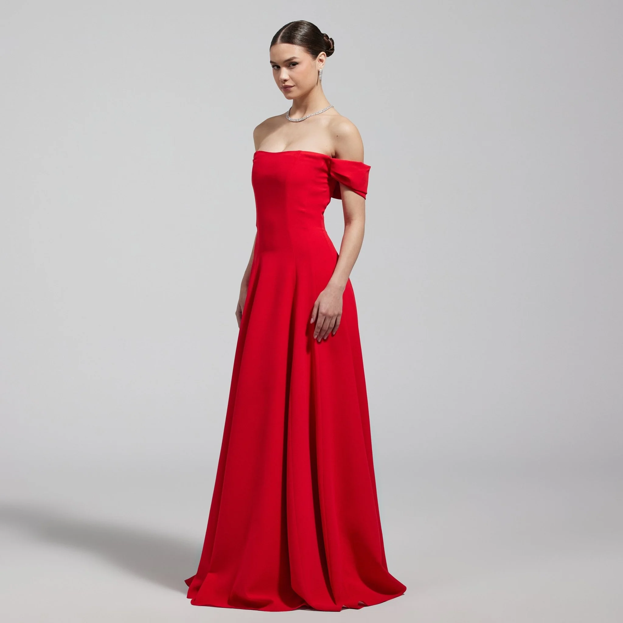 Red Off-Shoulder Crepe Gown - Image 2