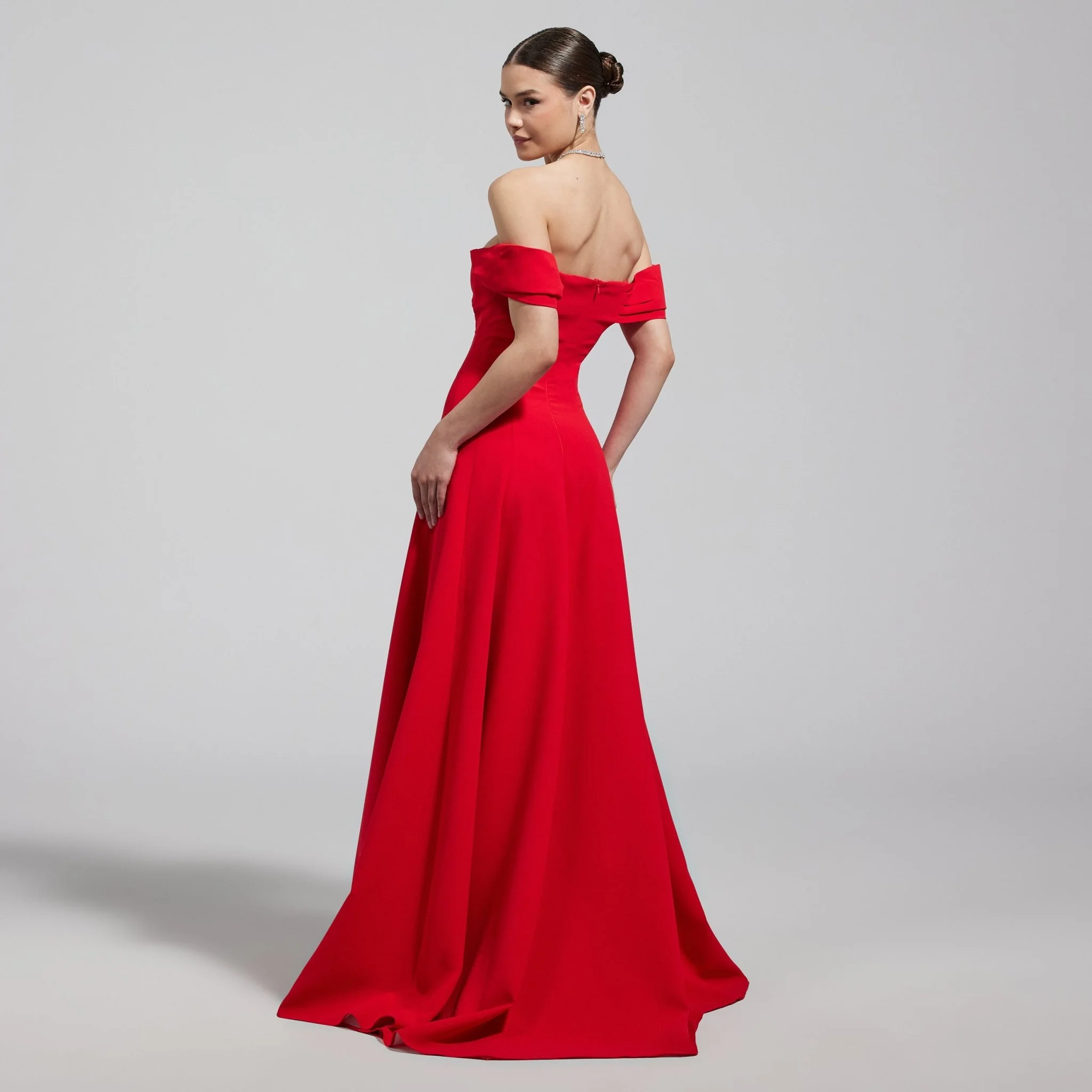 Red Off-Shoulder Crepe Gown - Image 4