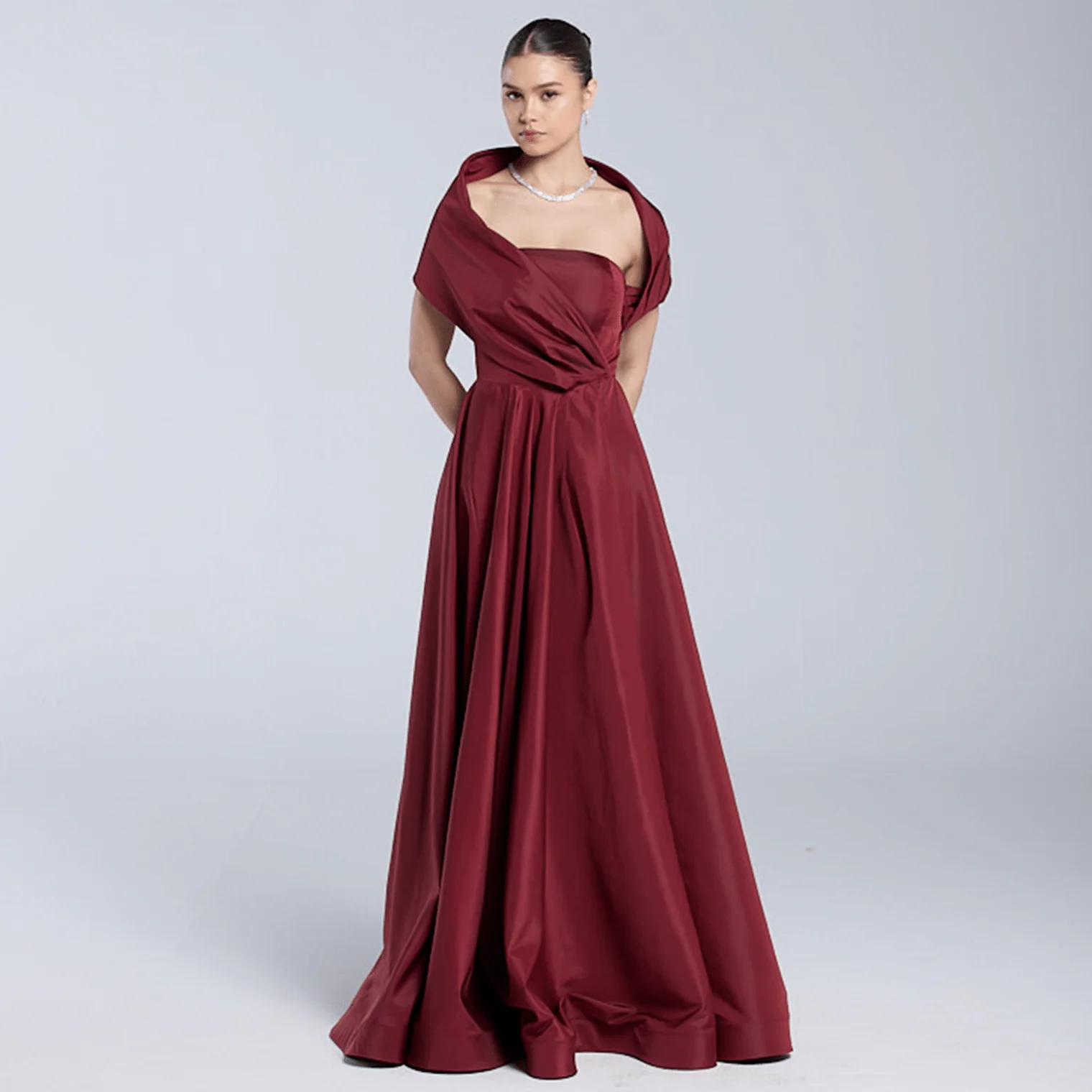 Red Cape Sleeve Taffeta Gown