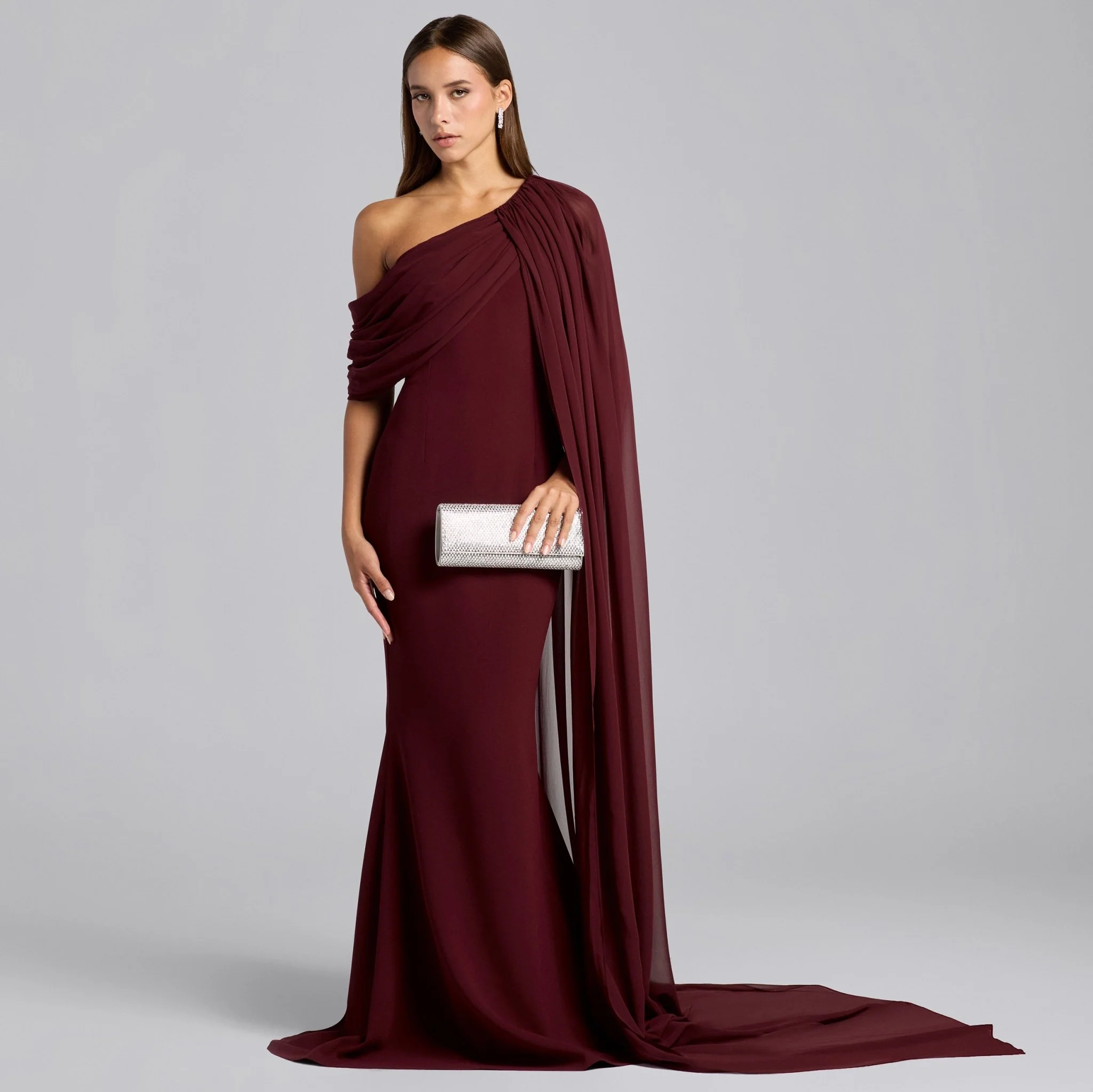 Burgundy One Shoulder Draped Cape Maxi Dress