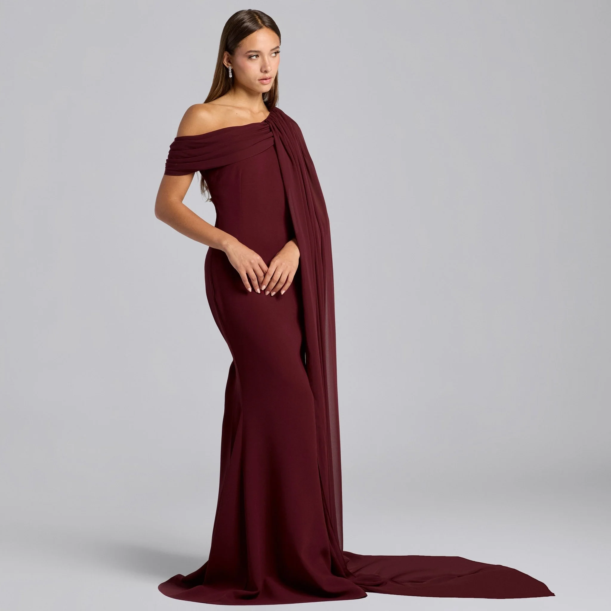Burgundy One Shoulder Draped Cape Maxi Dress - Image 2
