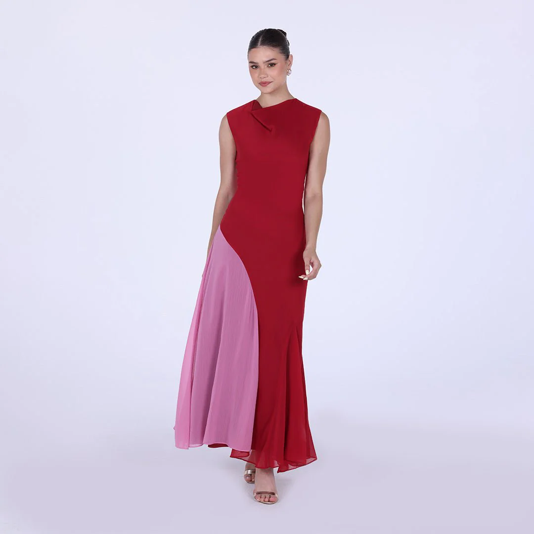 Red & Pink Two Tone High Neck Chiffon Maxi Dress