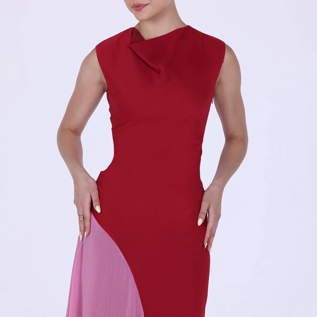 Red & Pink Two Tone High Neck Chiffon Maxi Dress - Image 3
