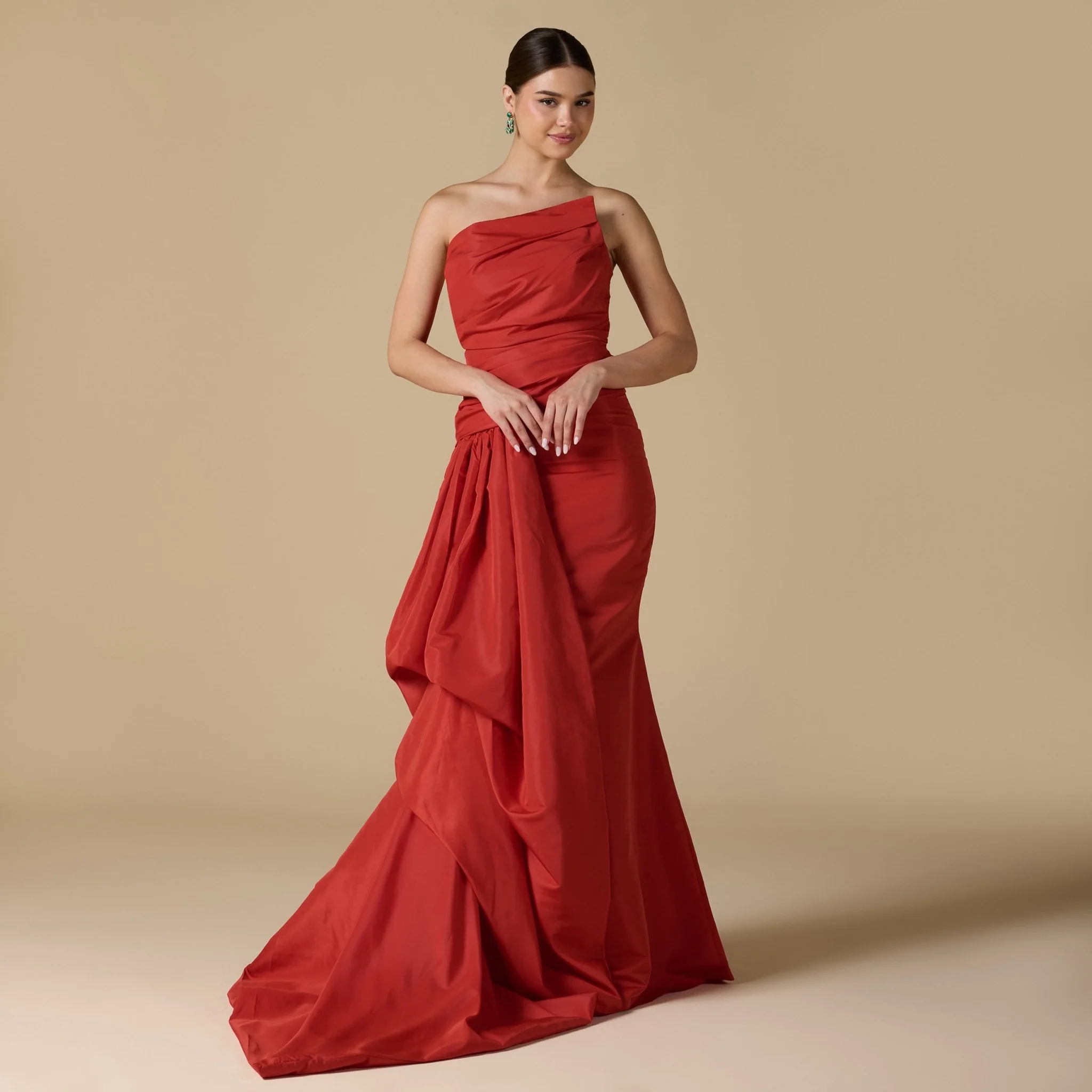 Red Taffeta Gown with Voluminous Side - Image 2