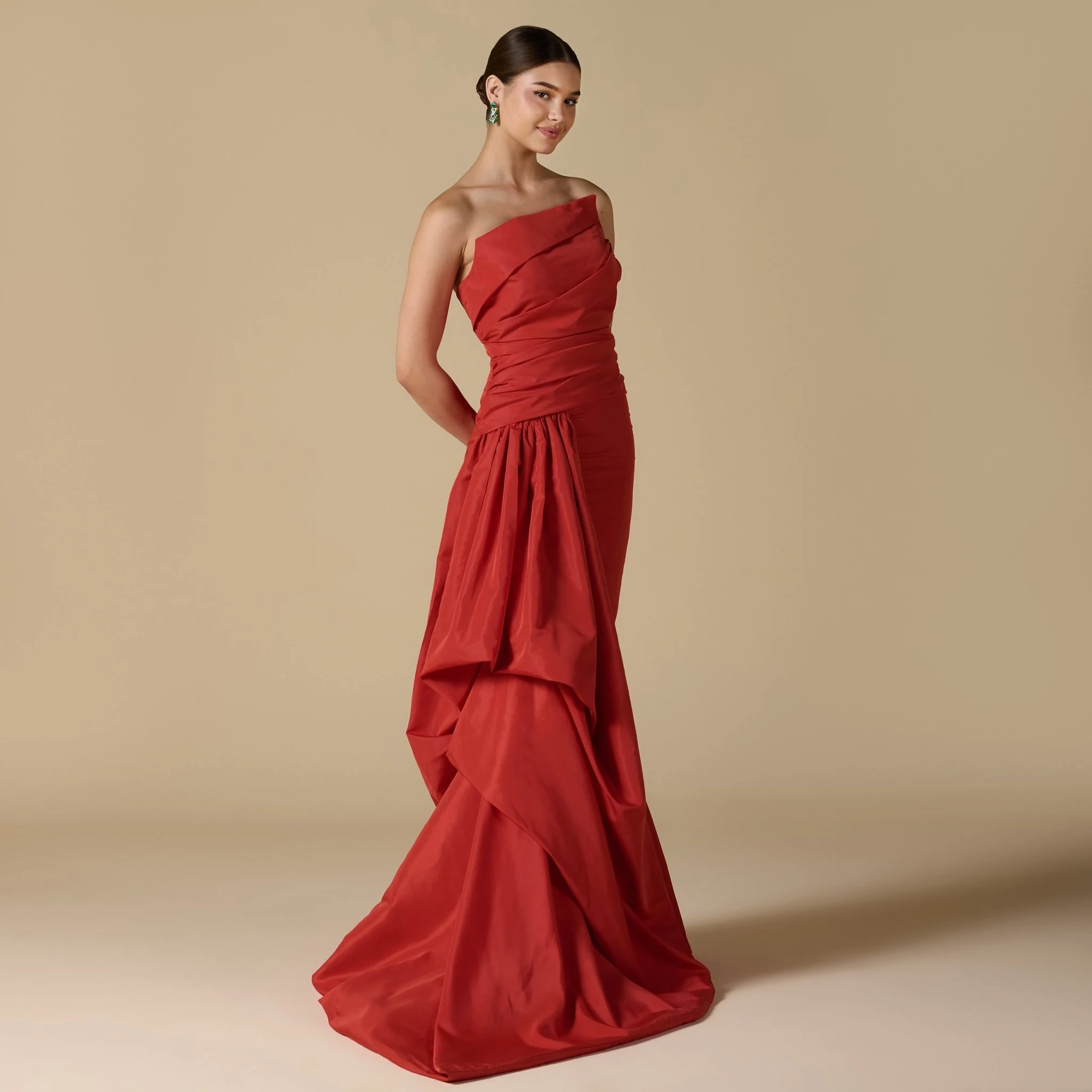 Red Taffeta Gown with Voluminous Side - Image 3
