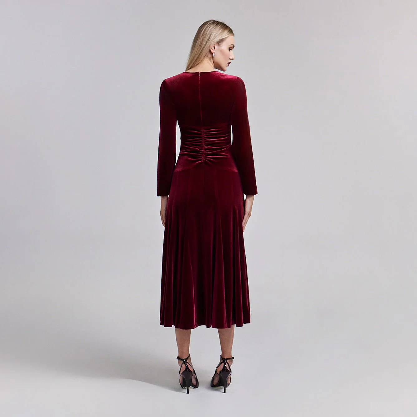 Red Velvet Gathered Waist Maxi Dress - Image 4