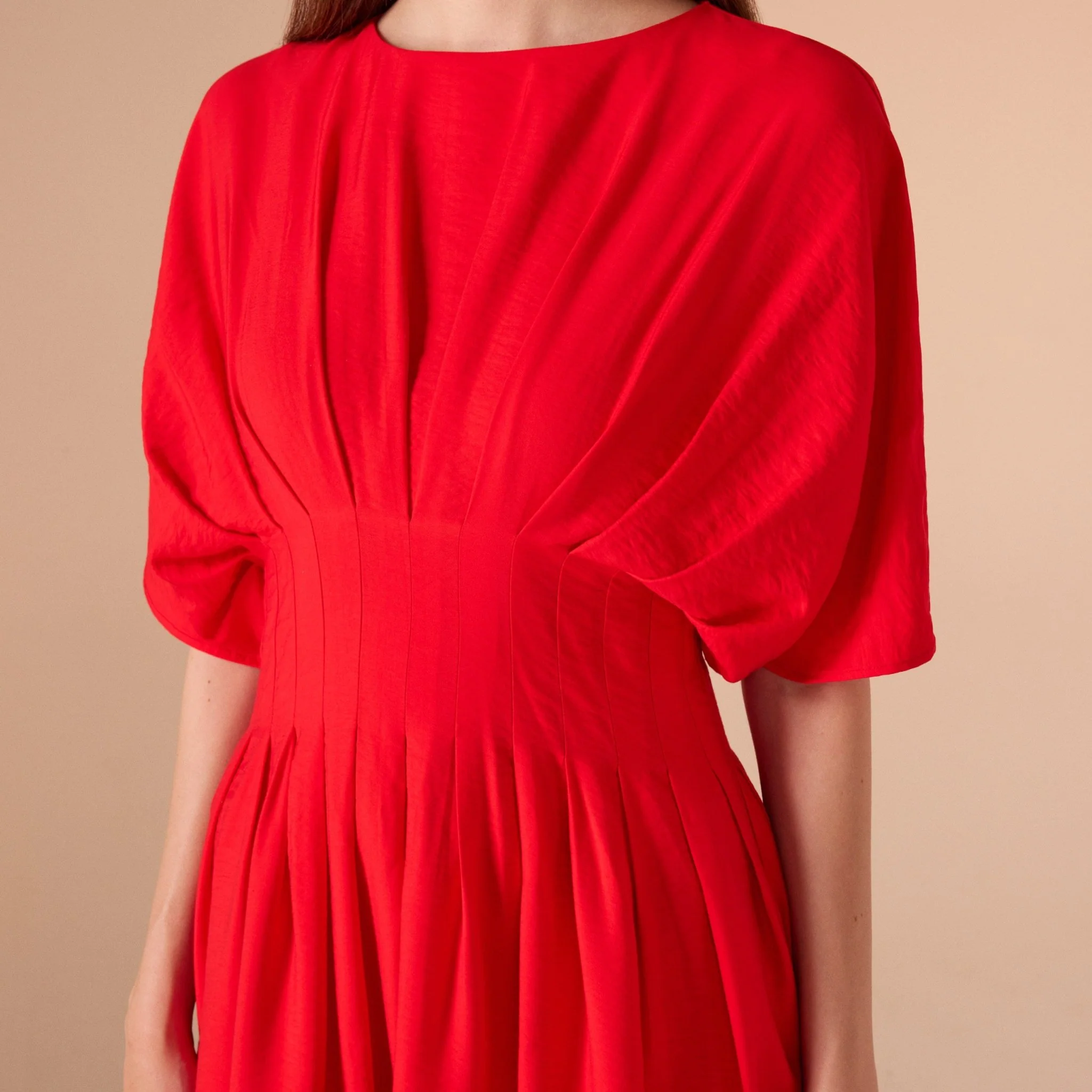 Red Ruched Waist Viscose Dress - Image 2