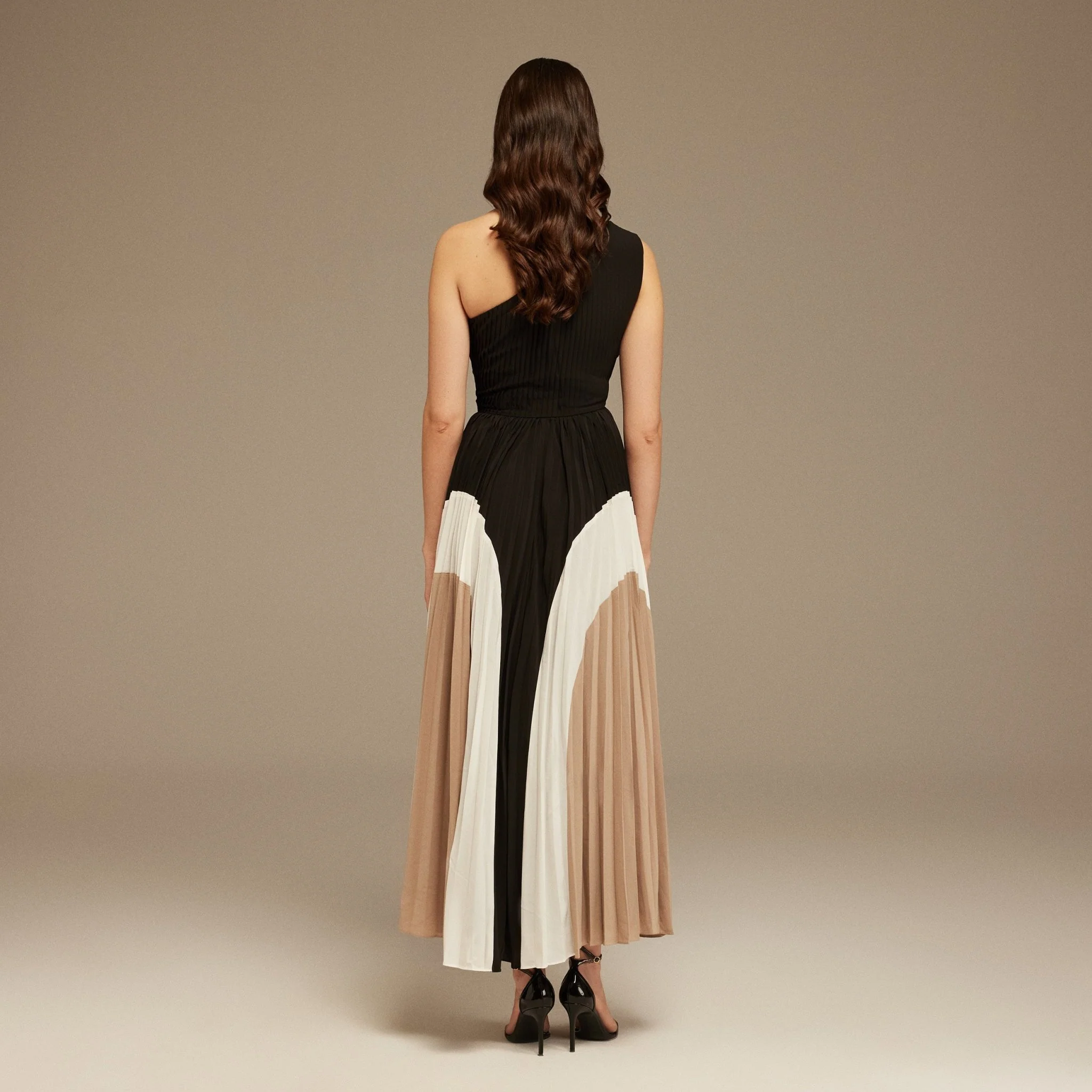 Black Satin Gathered shoulder Pleated Skirt Dress - Image 3