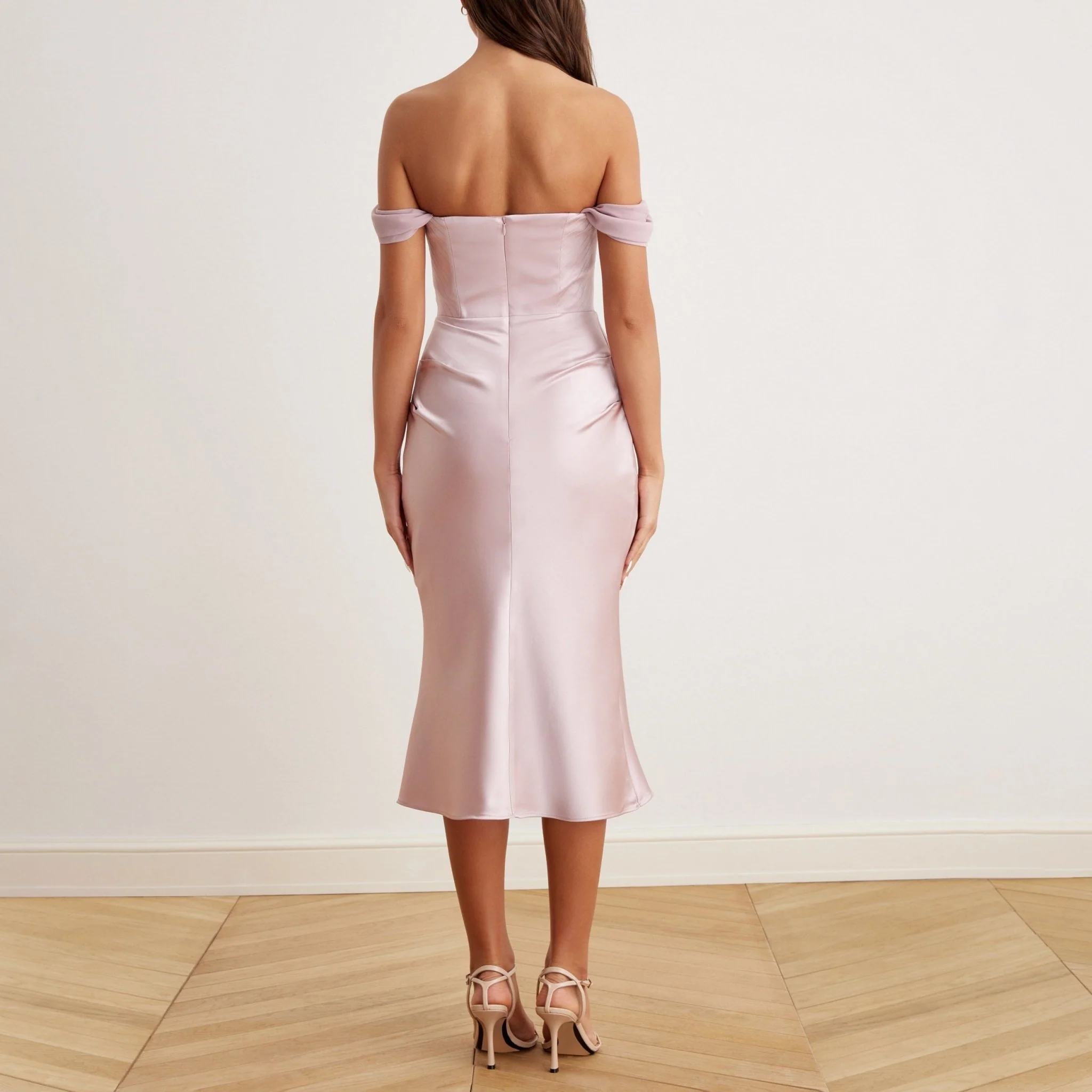 Satin Off-Shoulder Corset Midi Dress - Image 11