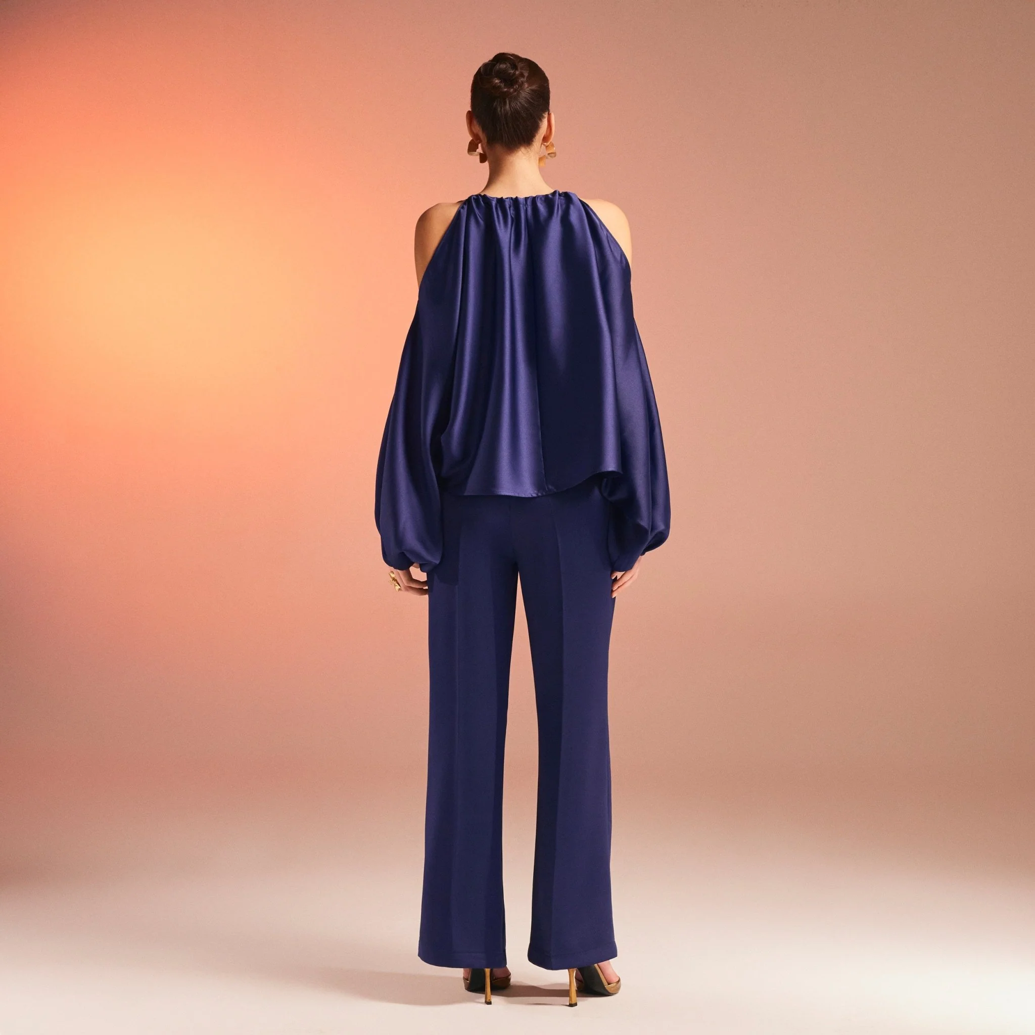 Dark Blue Satin Wide Leg Trouser - Image 3