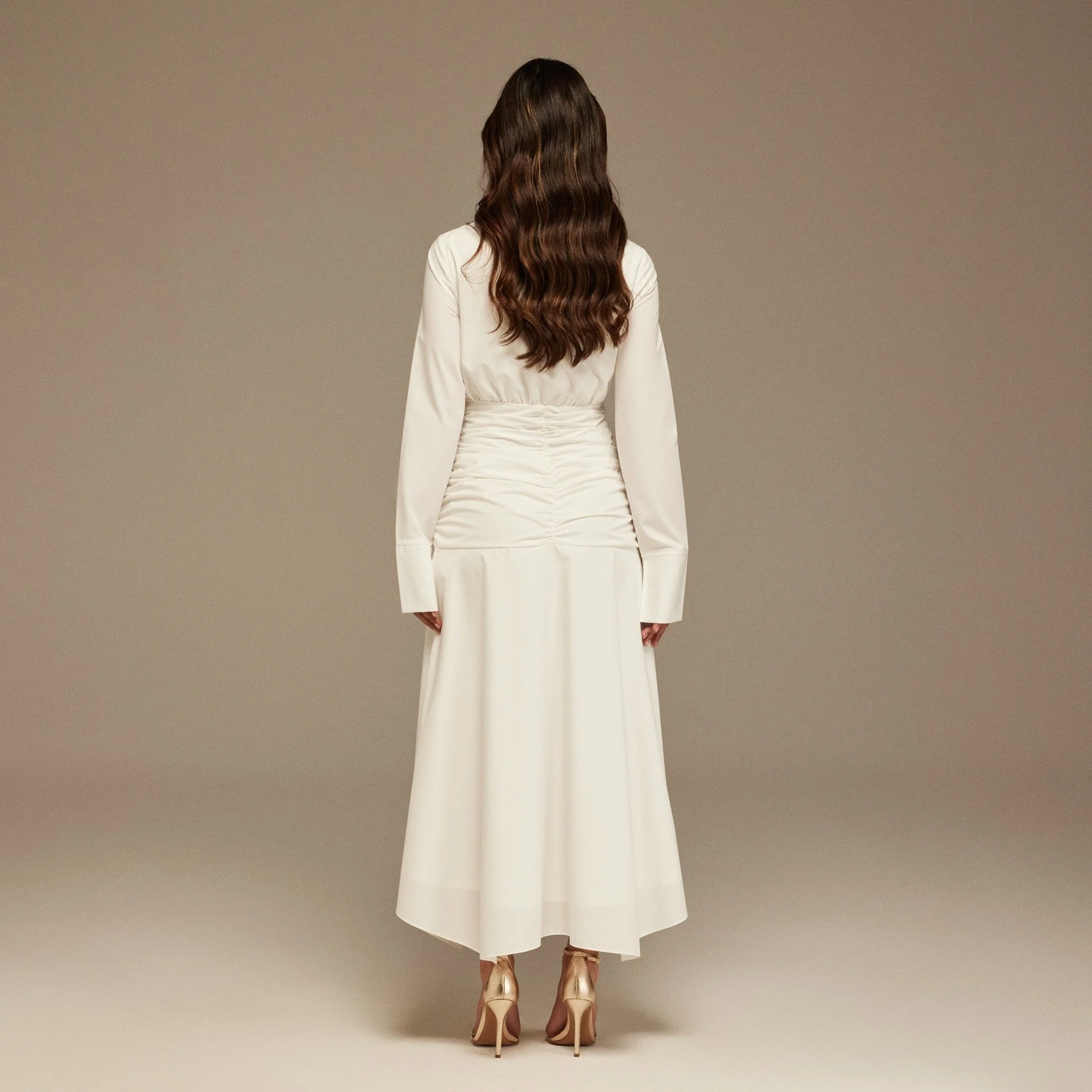 White Poplin Shirt Dress With Gathered Waist - Image 4