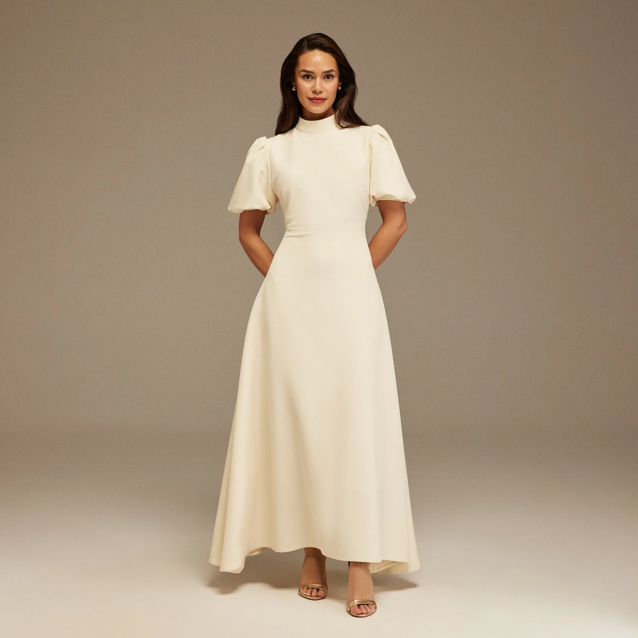 Short Puffy Sleeve Midi Crepe Dress