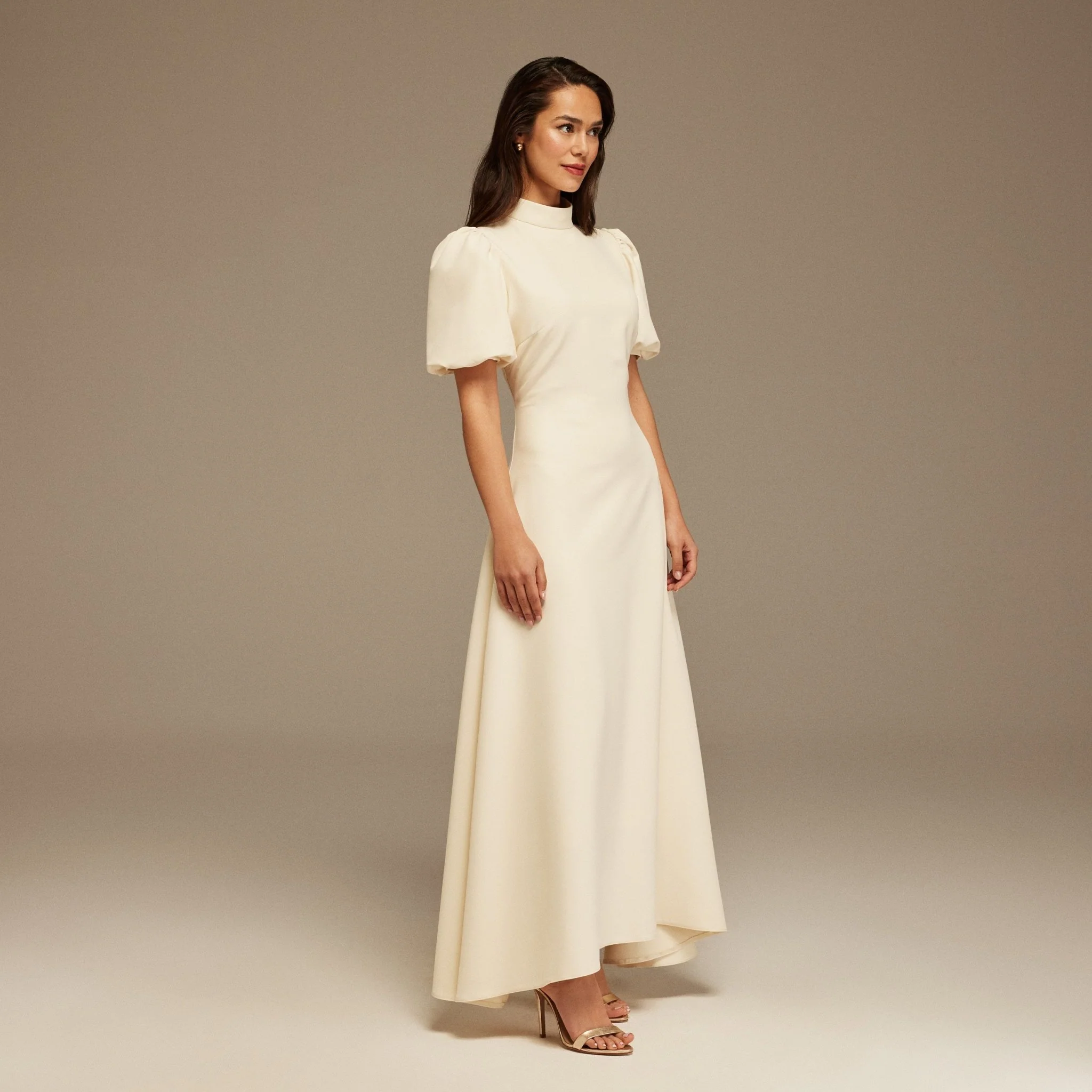 Short Puffy Sleeve Midi Crepe Dress - Image 2