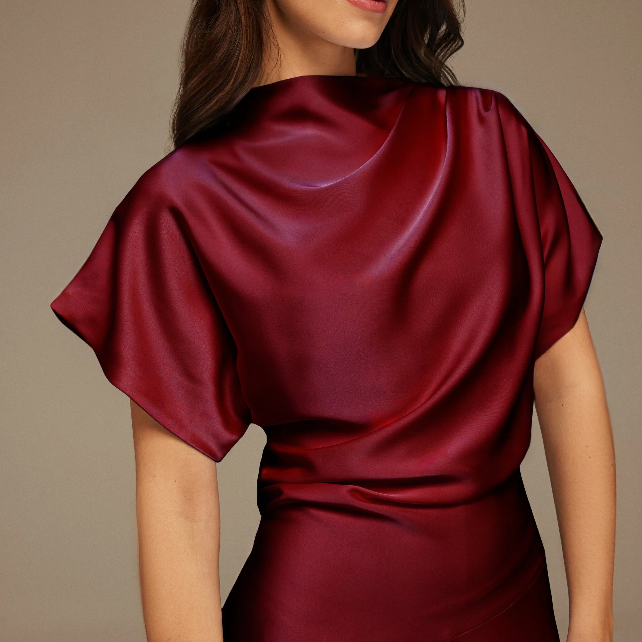 Burgundy Short Sleeve Asymmetric Satin Dress - Image 3