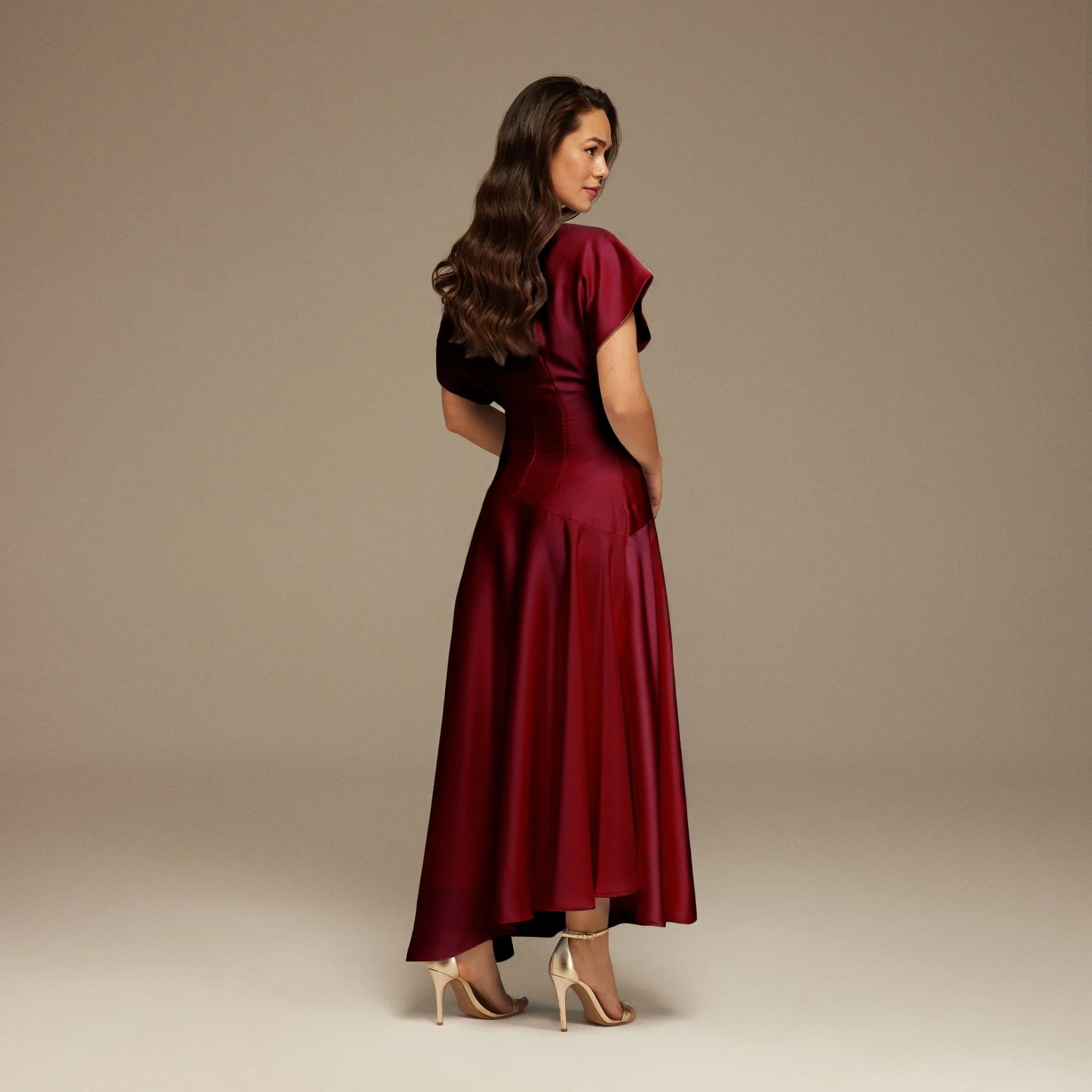 Burgundy Short Sleeve Asymmetric Satin Dress - Image 4