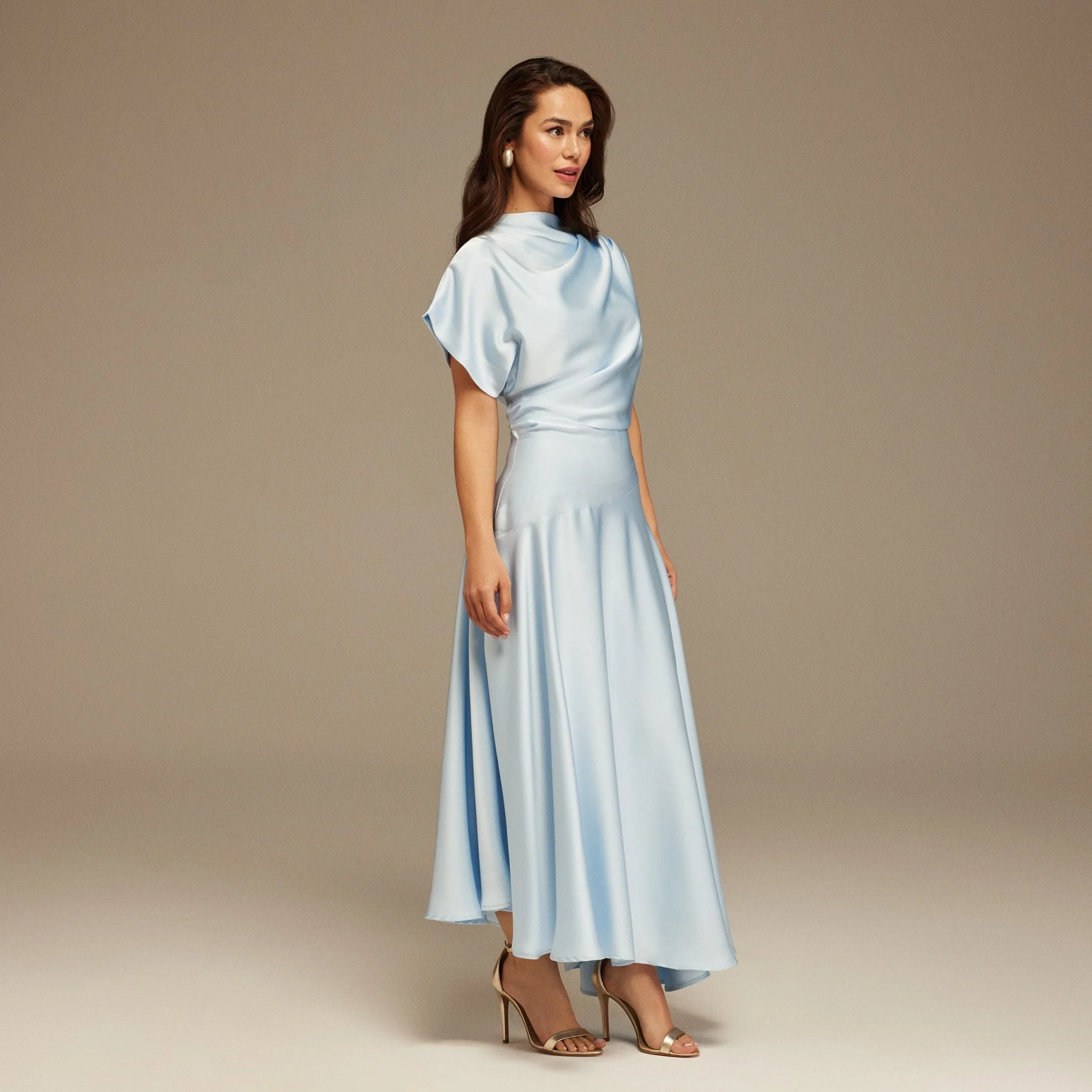 Light Blue Short Sleeve Asymmetric Satin Dress - Image 2