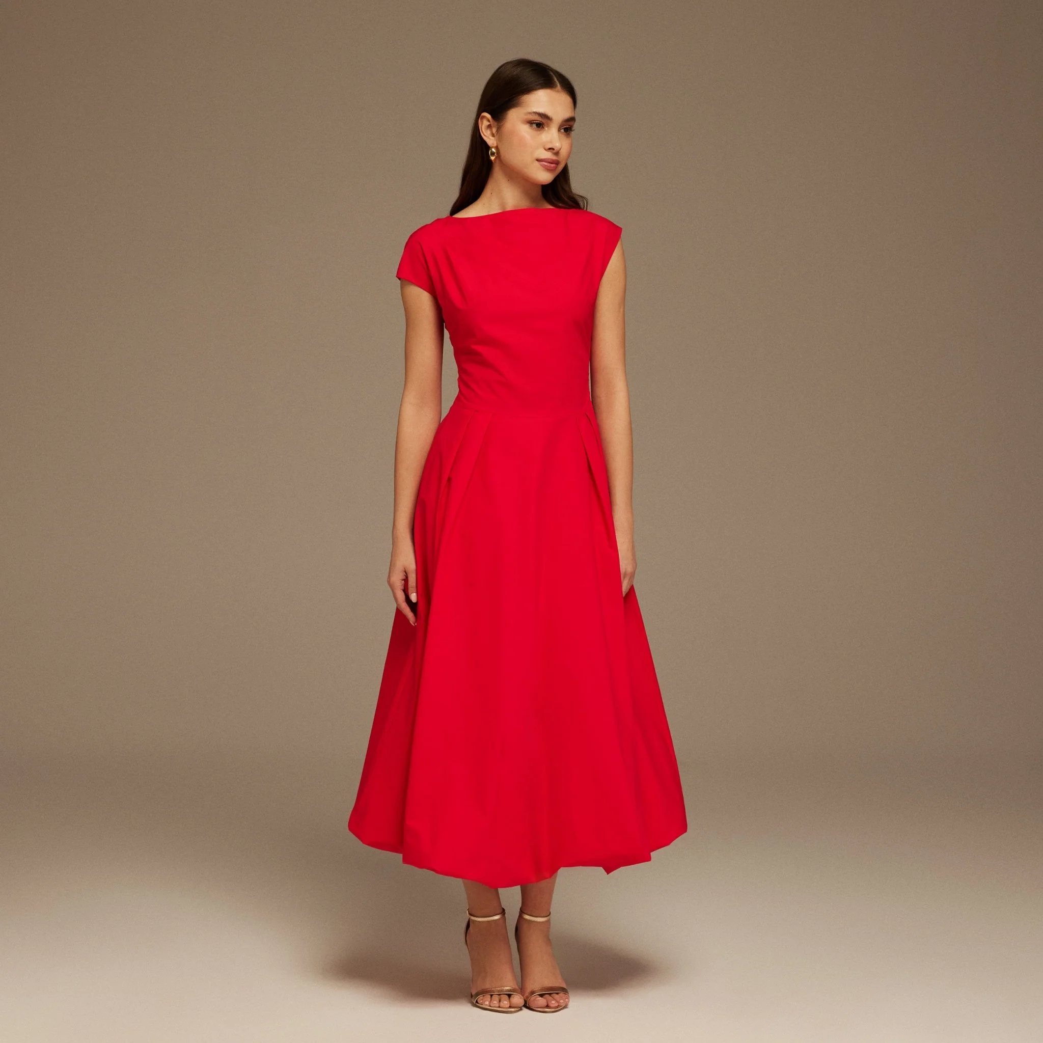 Red Short Sleeve Balloon Midi Dress - Image 2