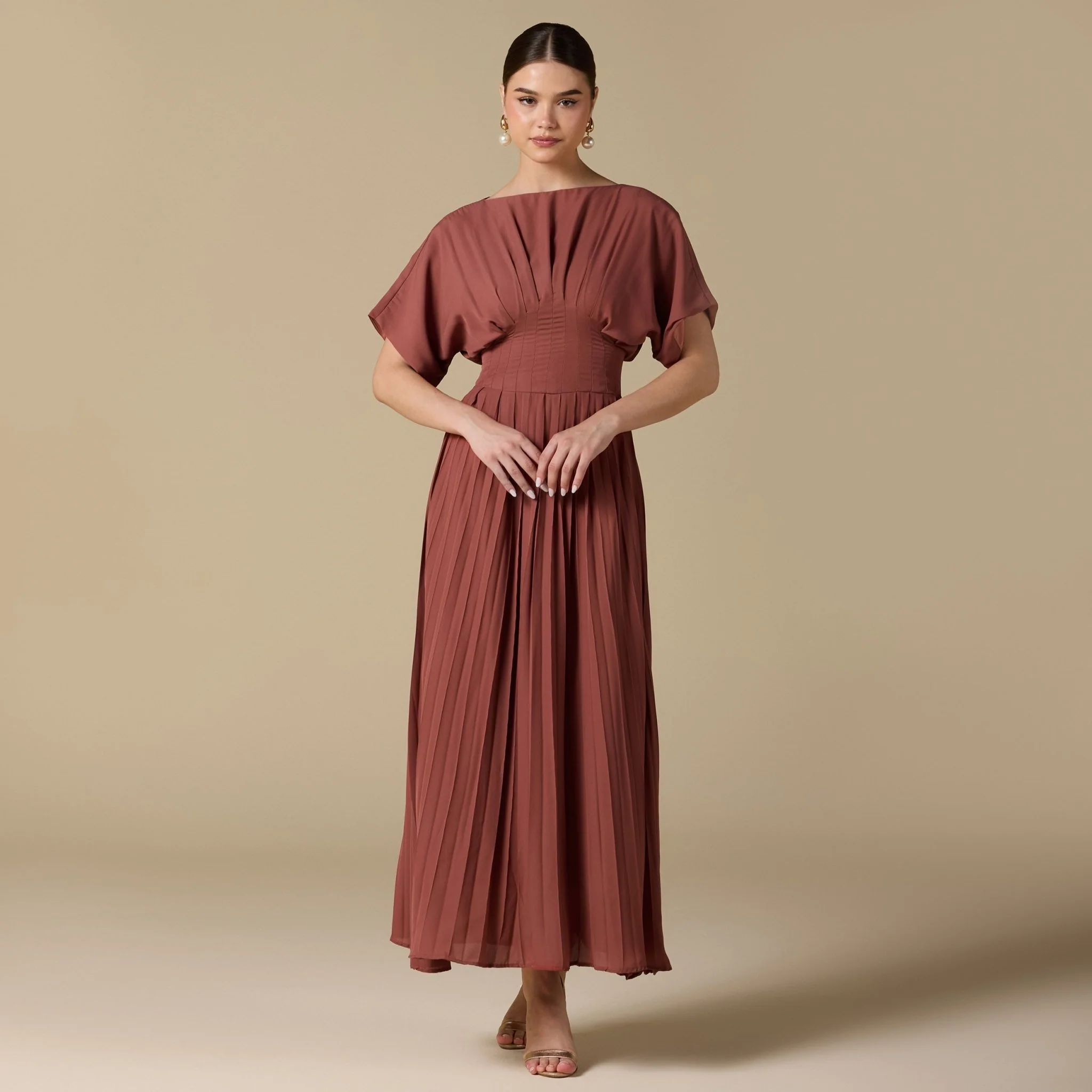 Muted Clay Short Sleeve Maxi Dress With Pleated Skirt