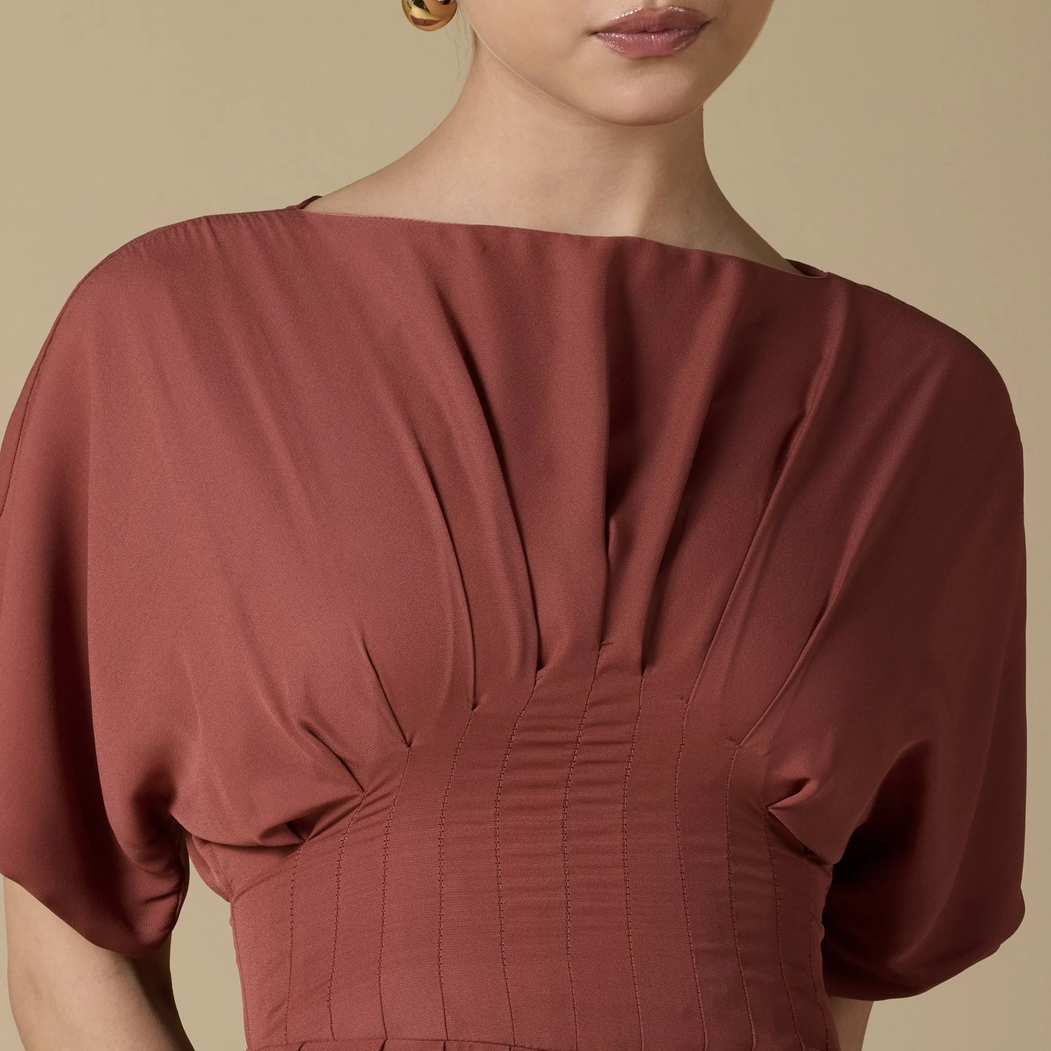 Muted Clay Short Sleeve Maxi Dress With Pleated Skirt - Image 3