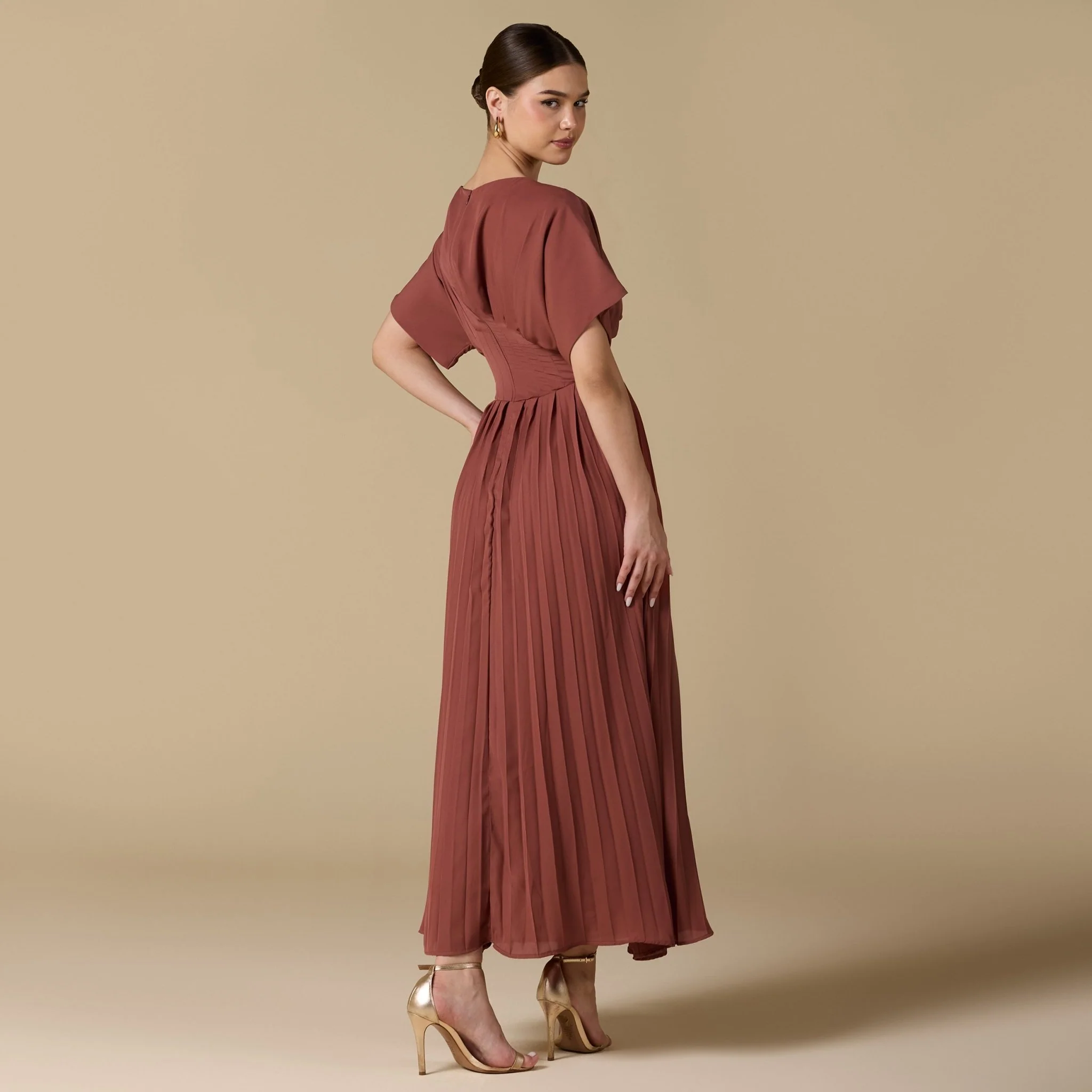 Muted Clay Short Sleeve Maxi Dress With Pleated Skirt - Image 4