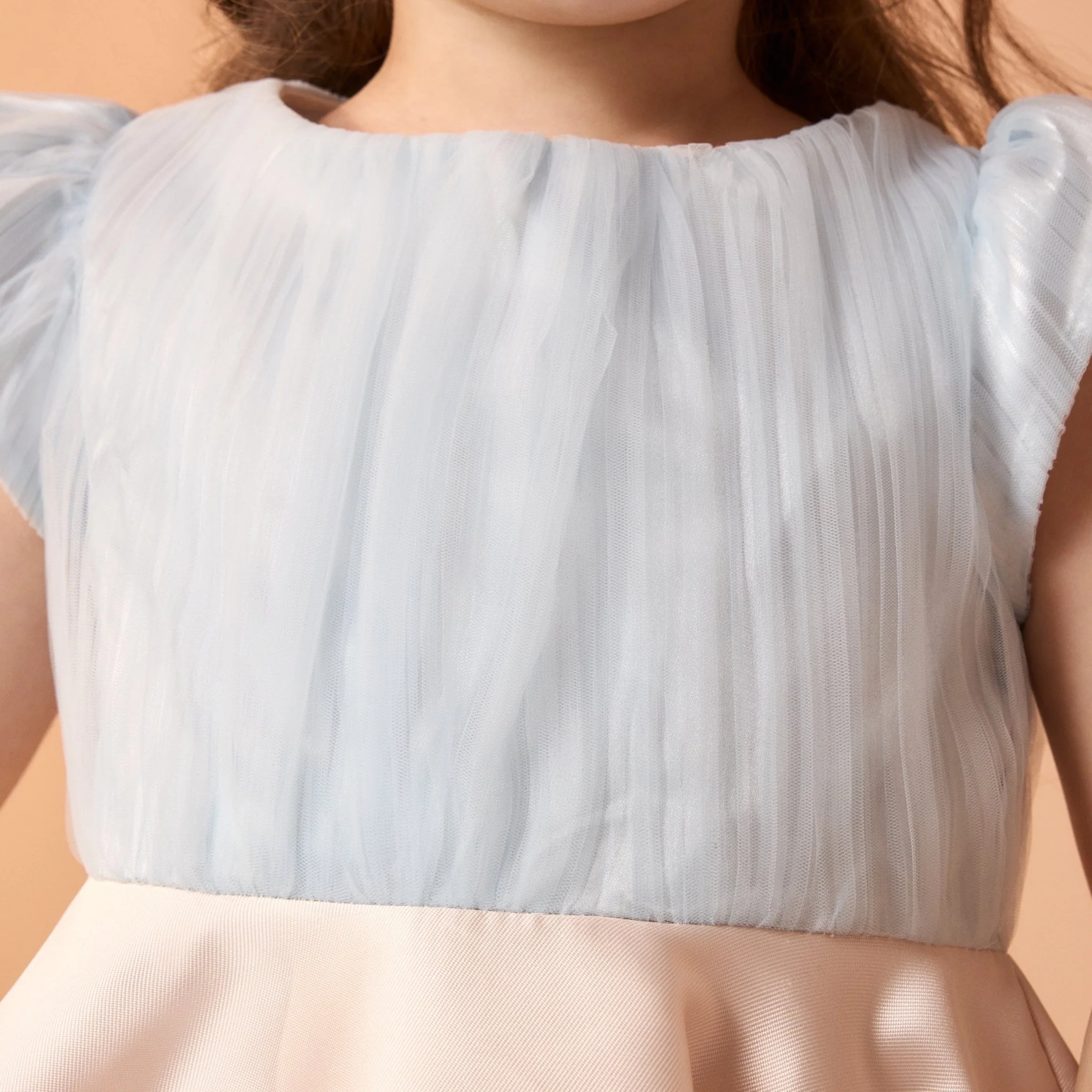 Light Blue & Beige Short Sleeve Taffeta Dress - Image 3
