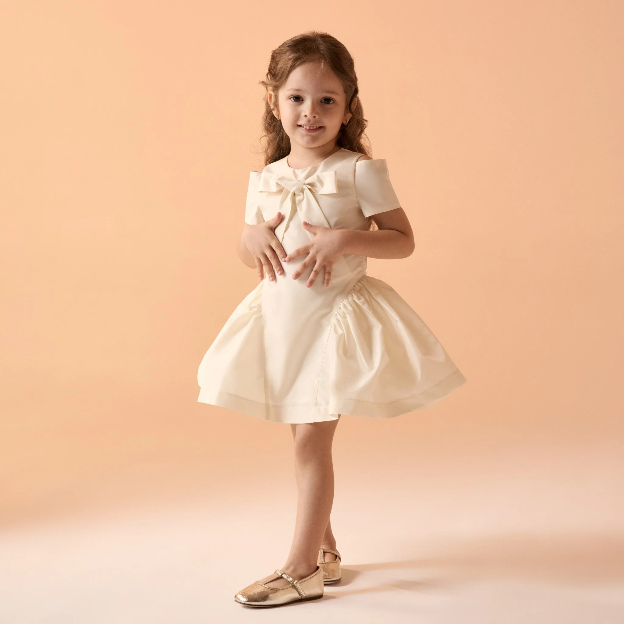 Beige Short Sleeves Taffeta Dress - Image 3