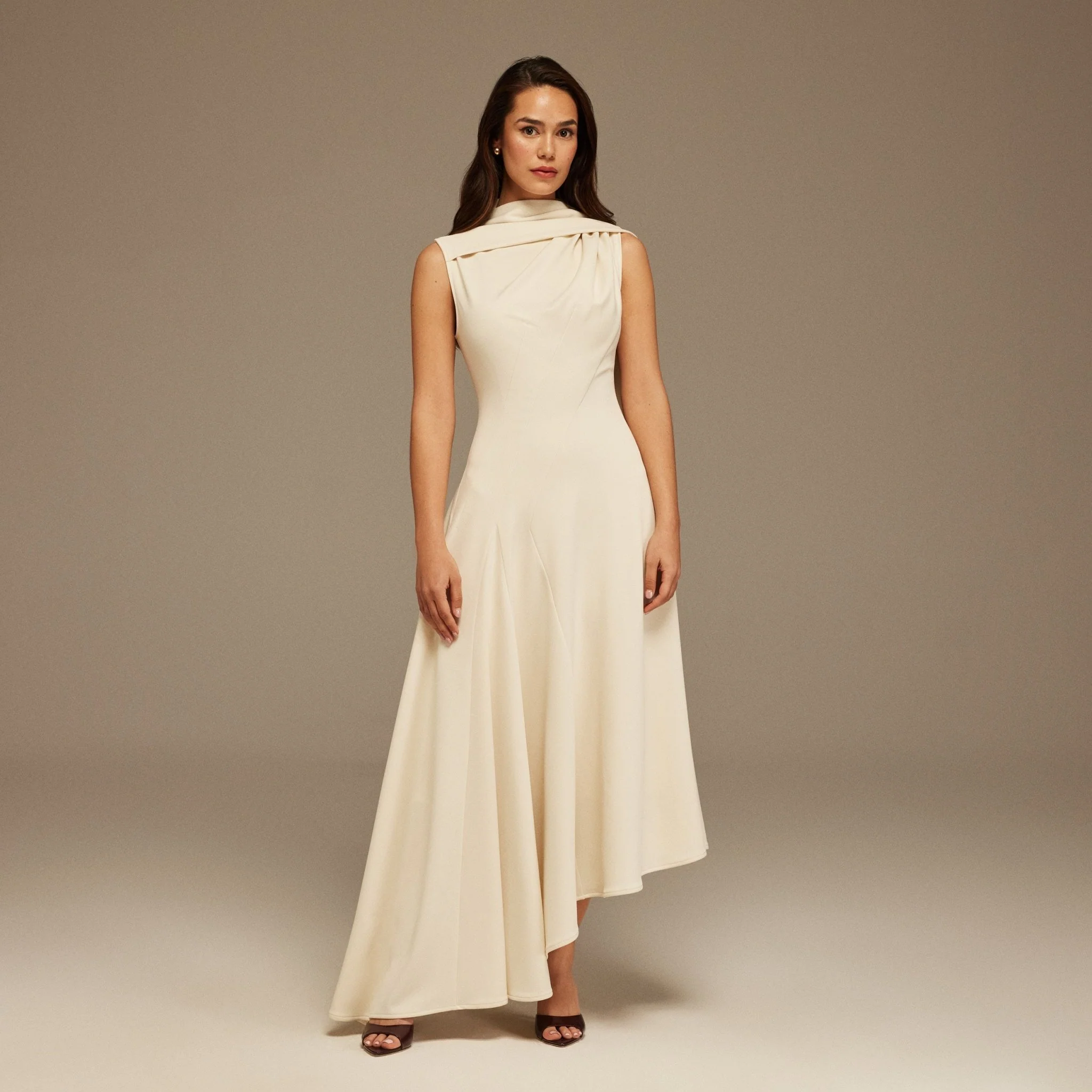Sleeveless Aline Midi Dress With Shoulder Scarf