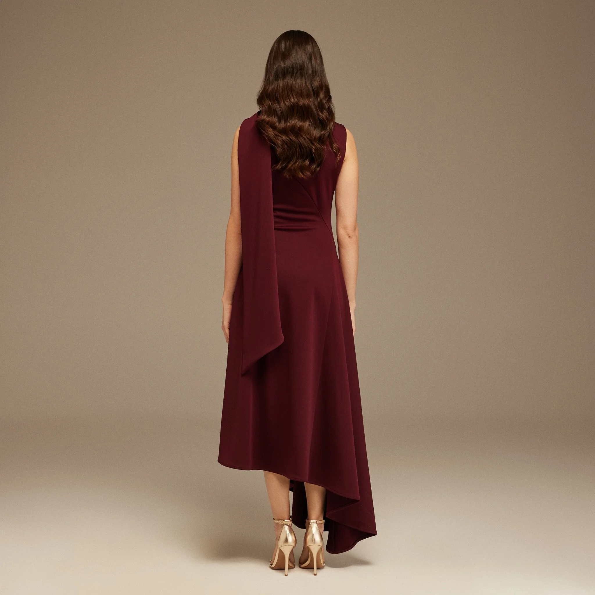 Plum Sleeveless Aline Midi Dress With Shoulder Scarf - Image 4