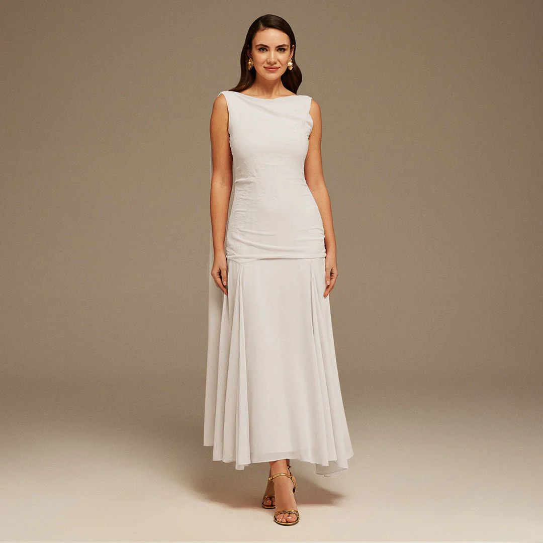 White Sleeveless Chiffon Maxi Dress with embroidery - Image 2