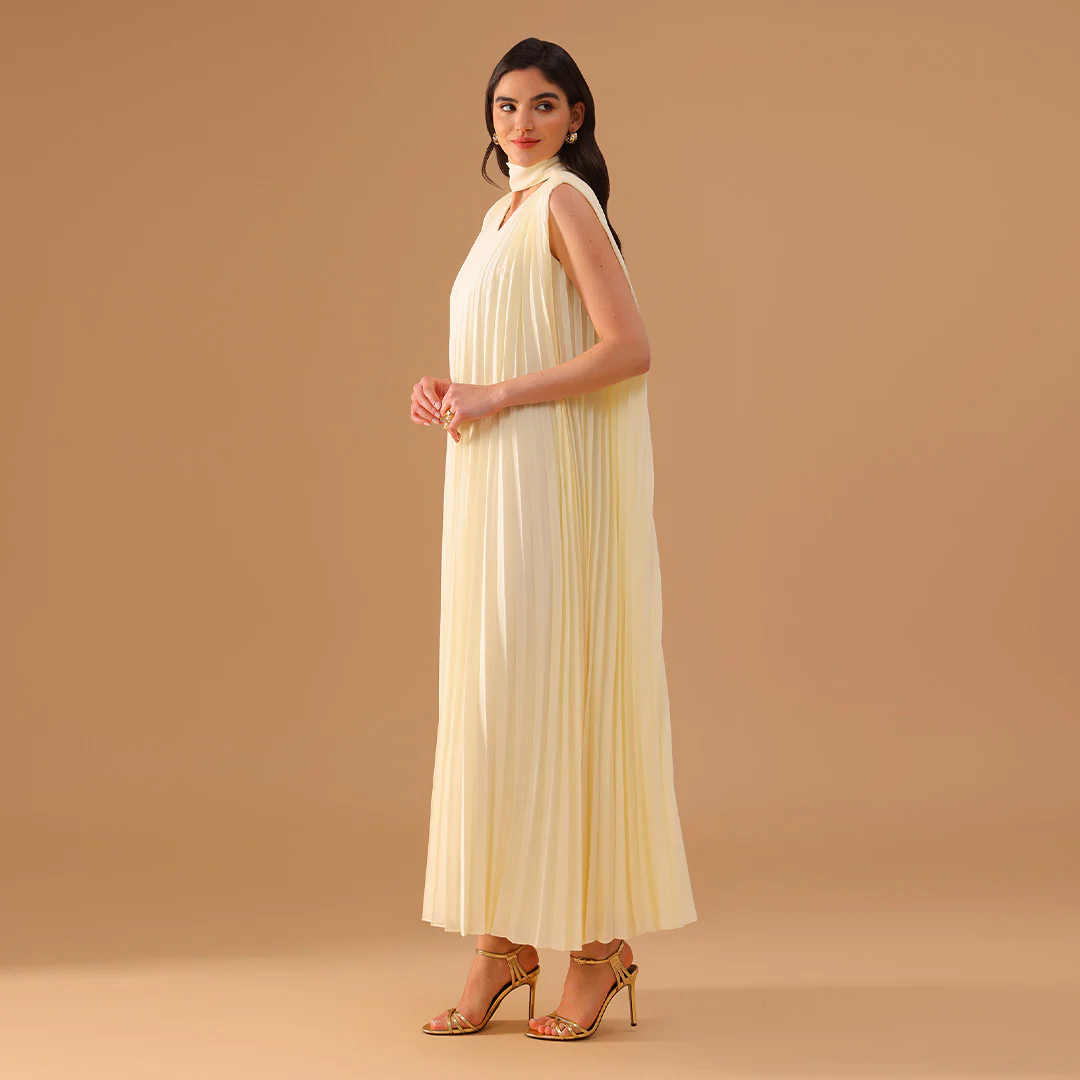 Beige Sleeveless Chiffon Pleated Dress - Image 2
