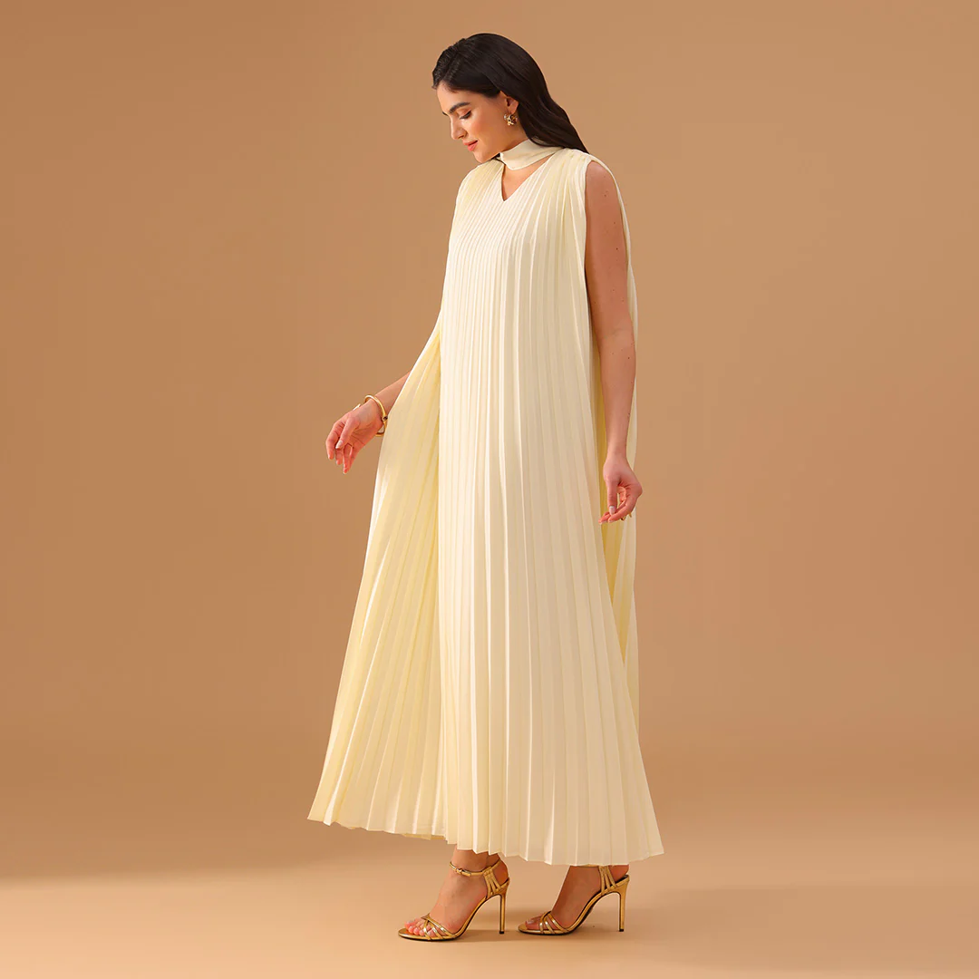 Beige Sleeveless Chiffon Pleated Dress - Image 3
