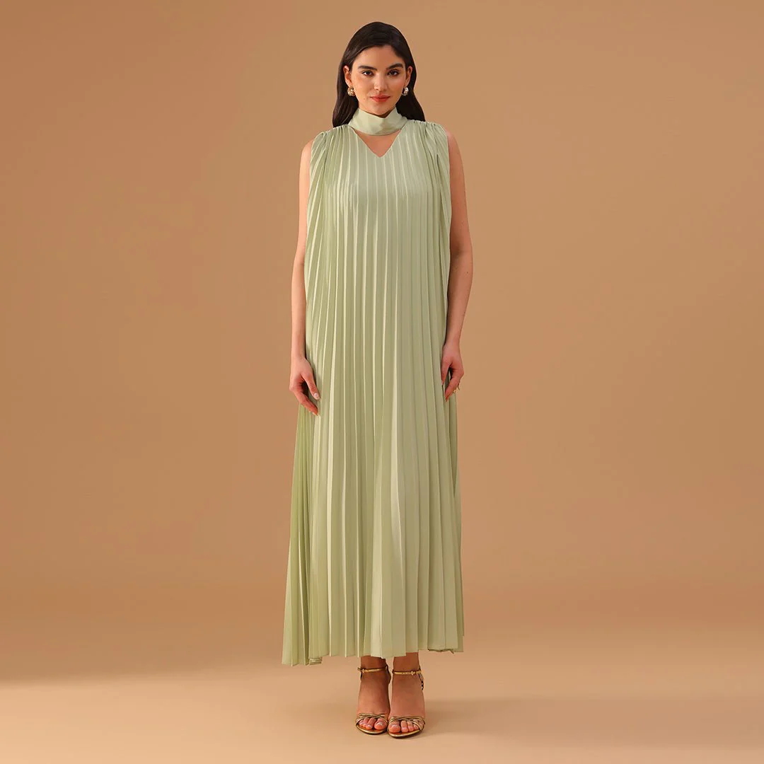 Mint Green Sleeveless Chiffon Pleated Dress - Image 2