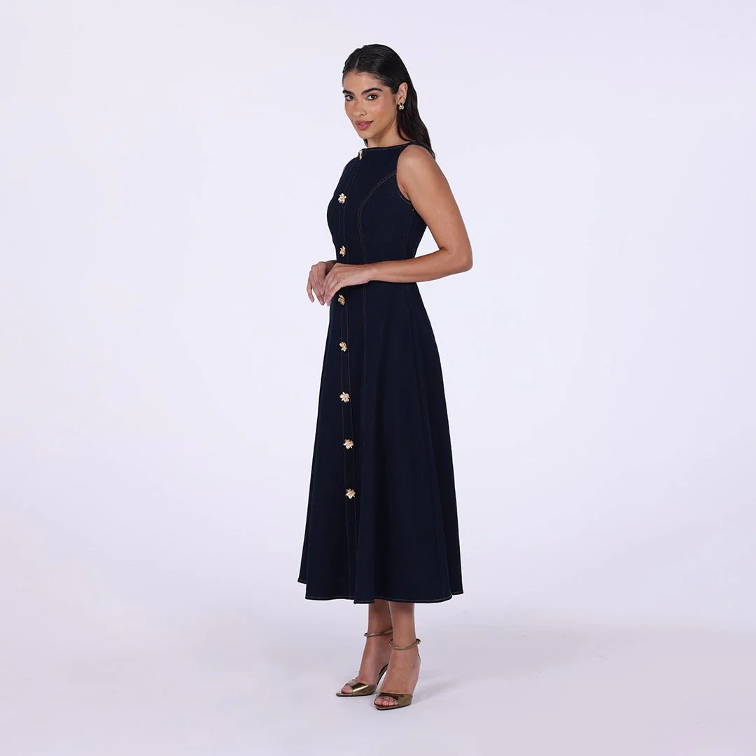Sleeveless Denim A-Line Midi Dress with Decorative Buttons - Image 3