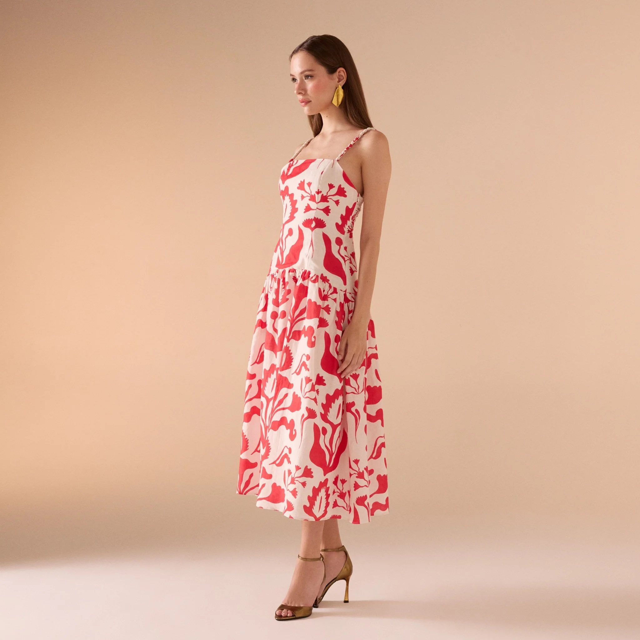 Red Sleeveless Linen Printed Midi Dress - Image 3