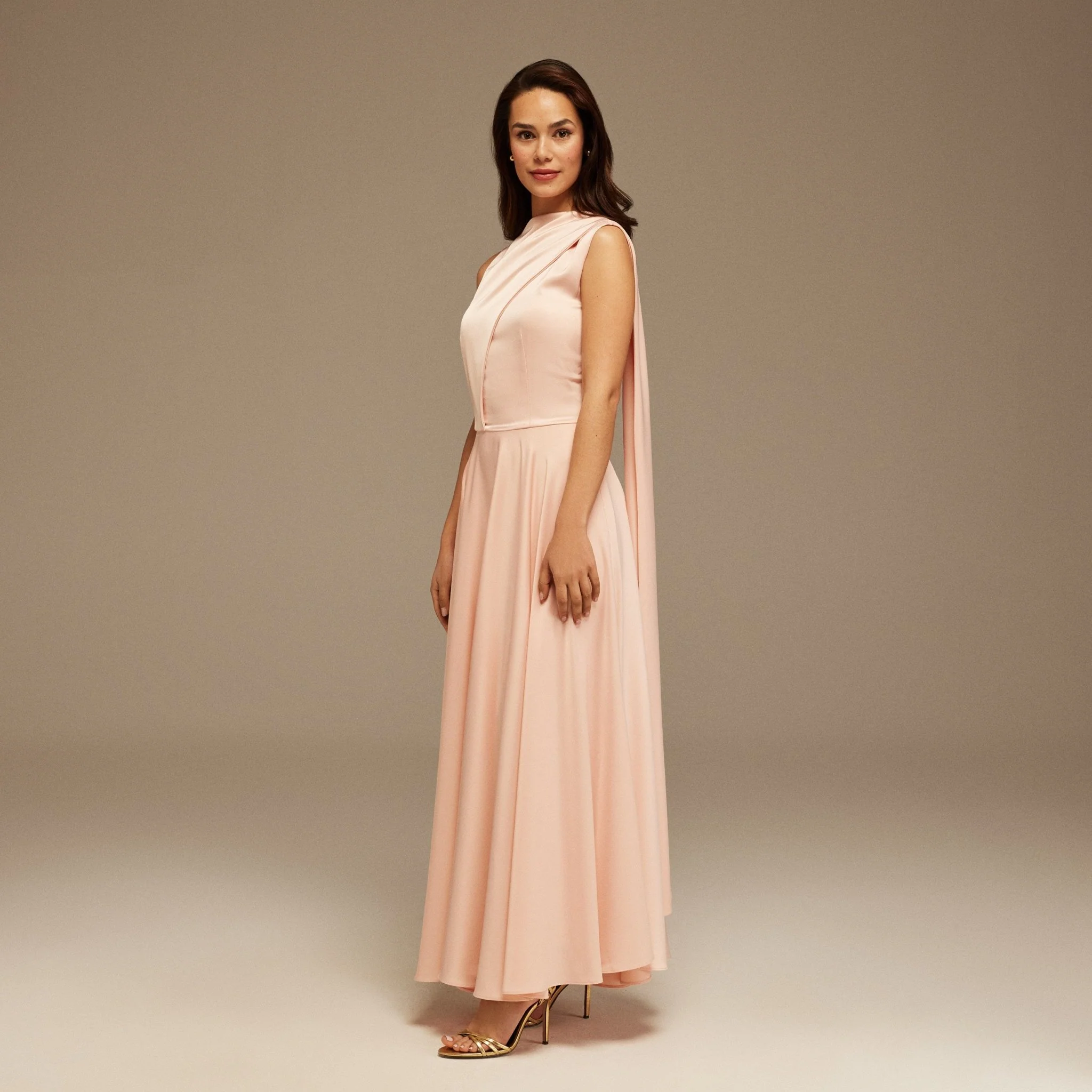 Pink Sleeveless Satin Maxi Dress With Scarf - Image 3