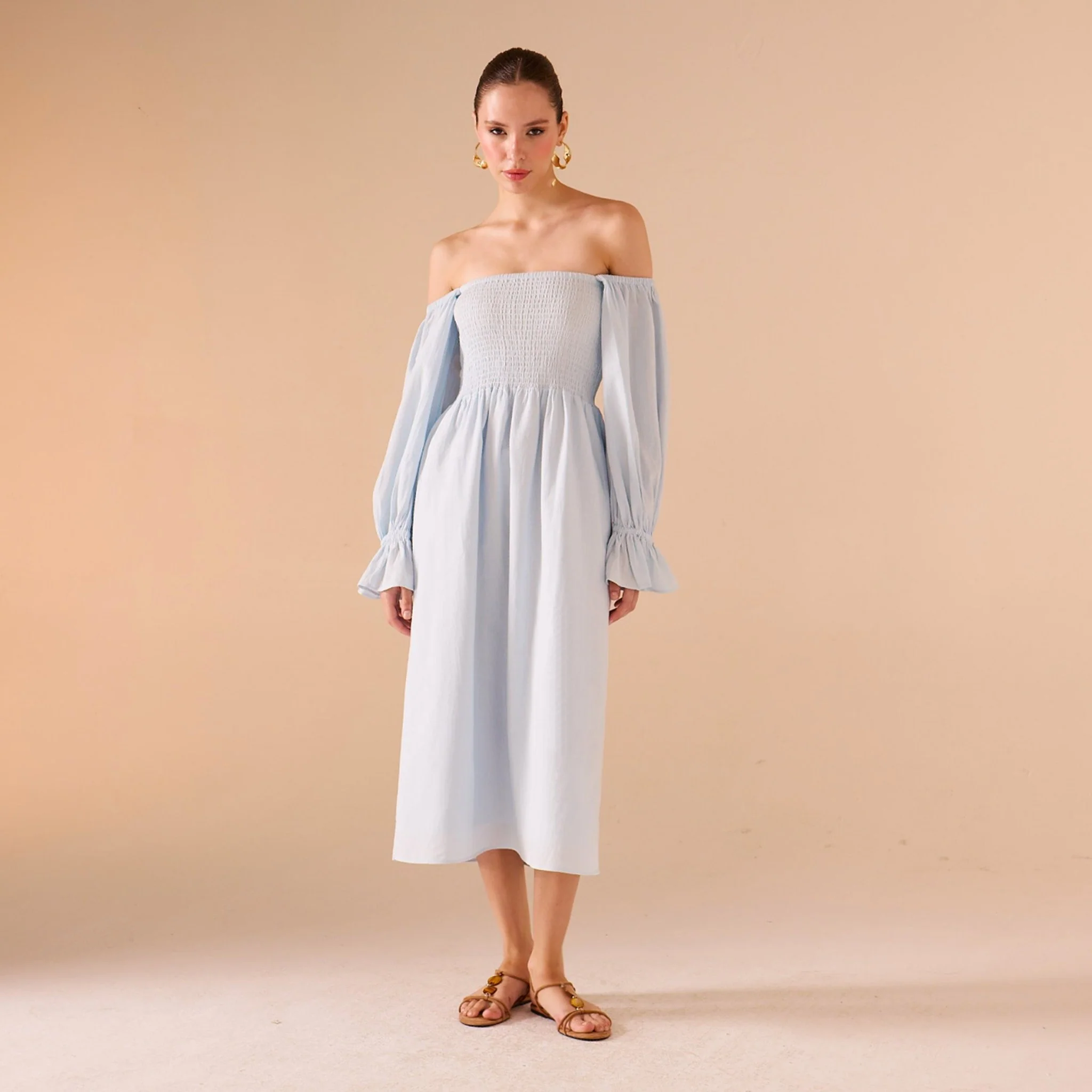 Smocked-Bodice Poet-Sleeve Midi Dress in Linen Cotton Blend - Image 5