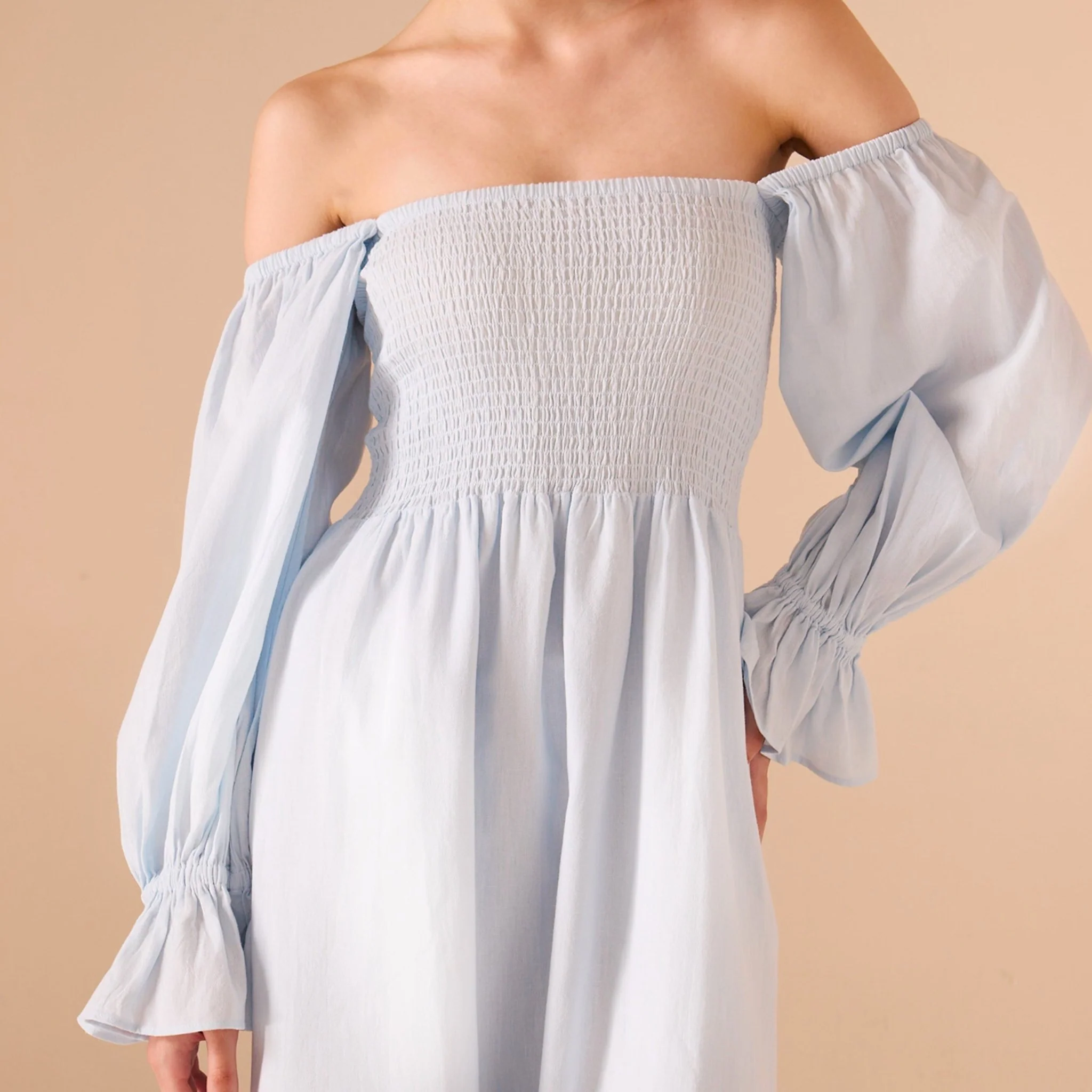 Smocked-Bodice Poet-Sleeve Midi Dress in Linen Cotton Blend - Image 7