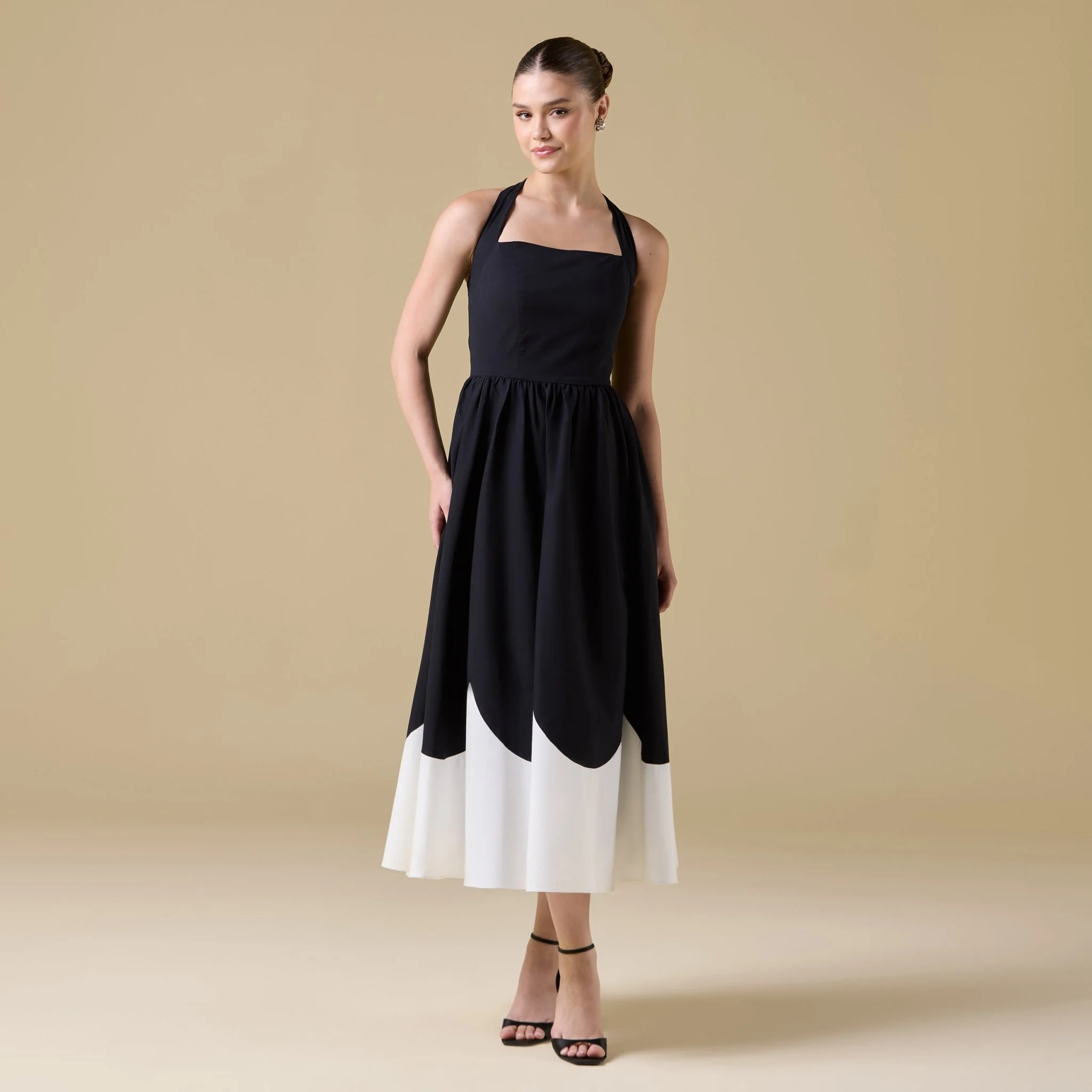 Black & White Spaghetti Strap Cotton Maxi Dress with Gathered Bodice