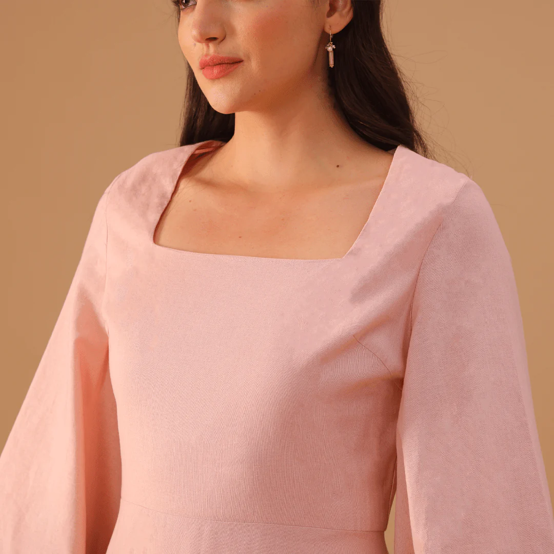 Linen Square Neck Long Flared Sleeve Dress - Image 3